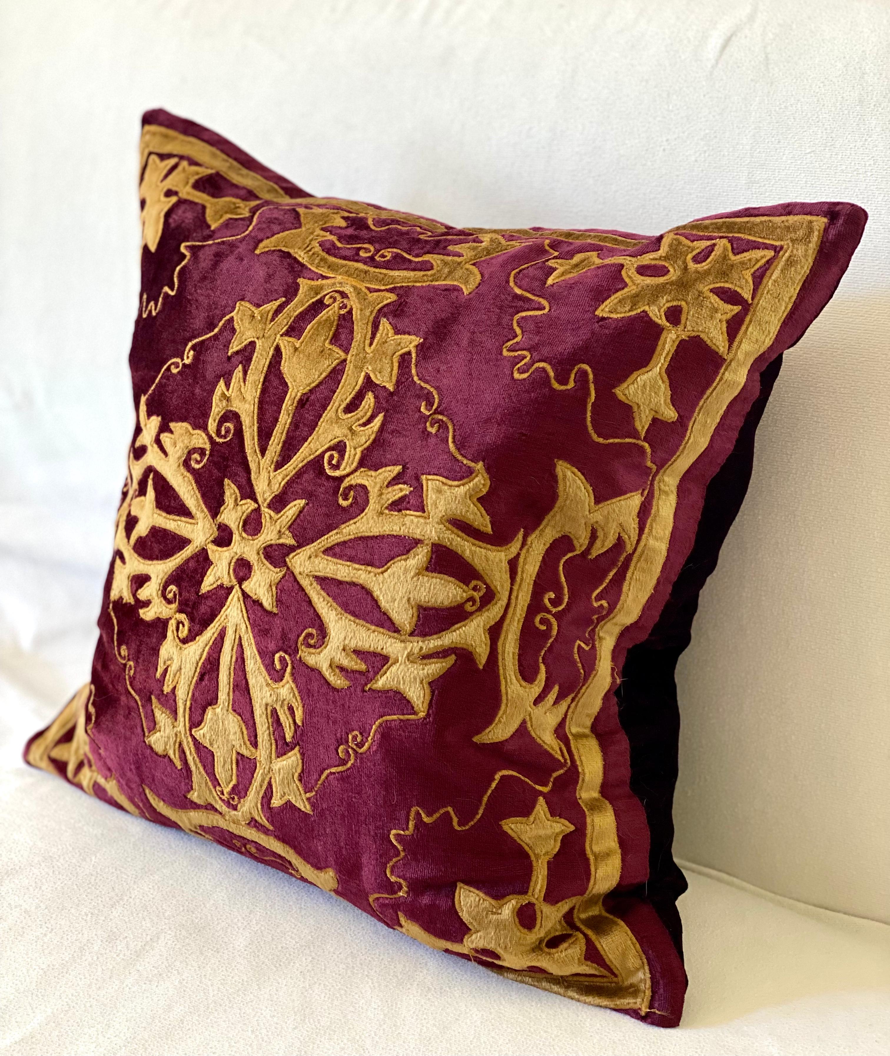 Appliqué Baroque Style, Red and Gold Velvet Pillow, Elaborate Applique Work
