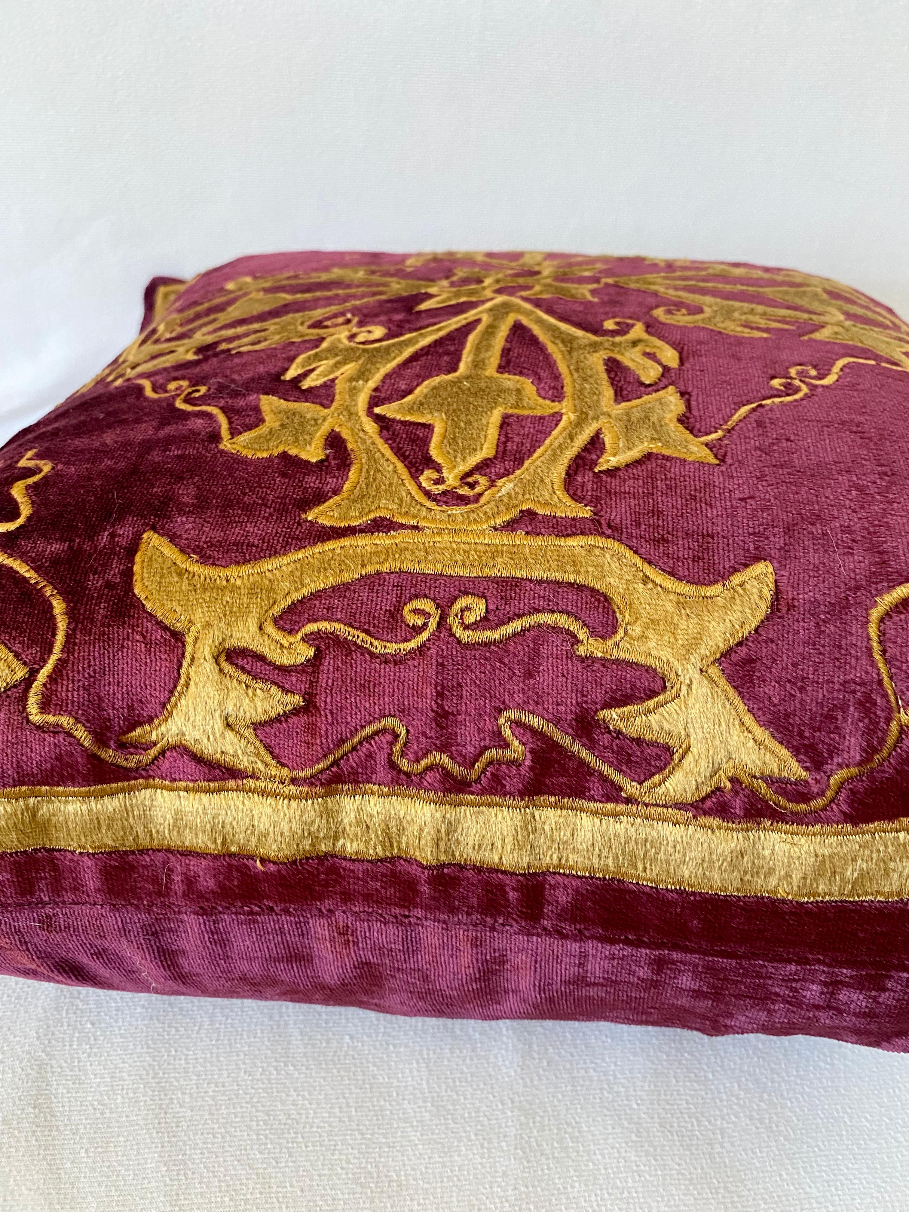 Late 20th Century Baroque Style, Red and Gold Velvet Pillow, Elaborate Applique Work