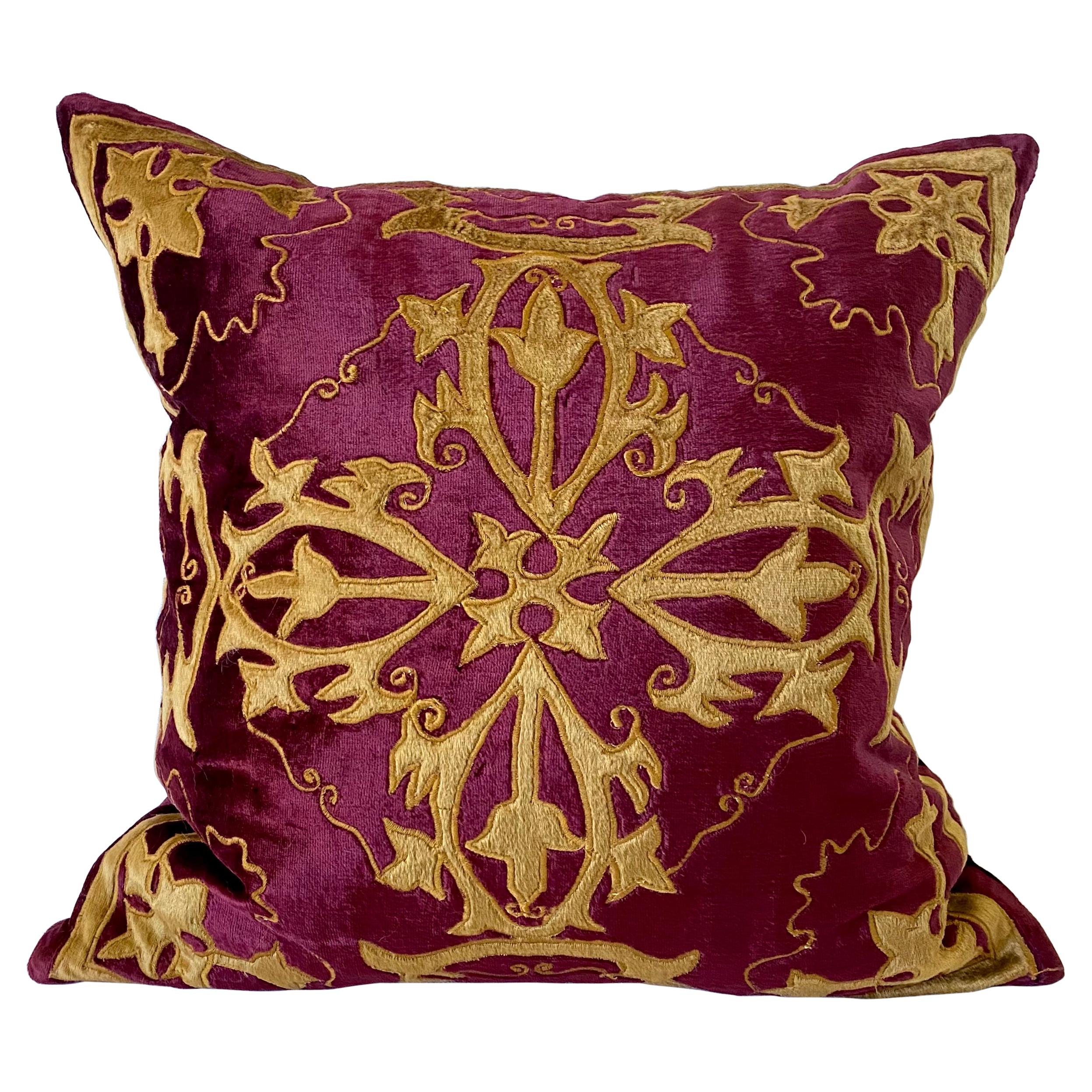 Baroque Style, Red and Gold Velvet Pillow, Elaborate Applique Work