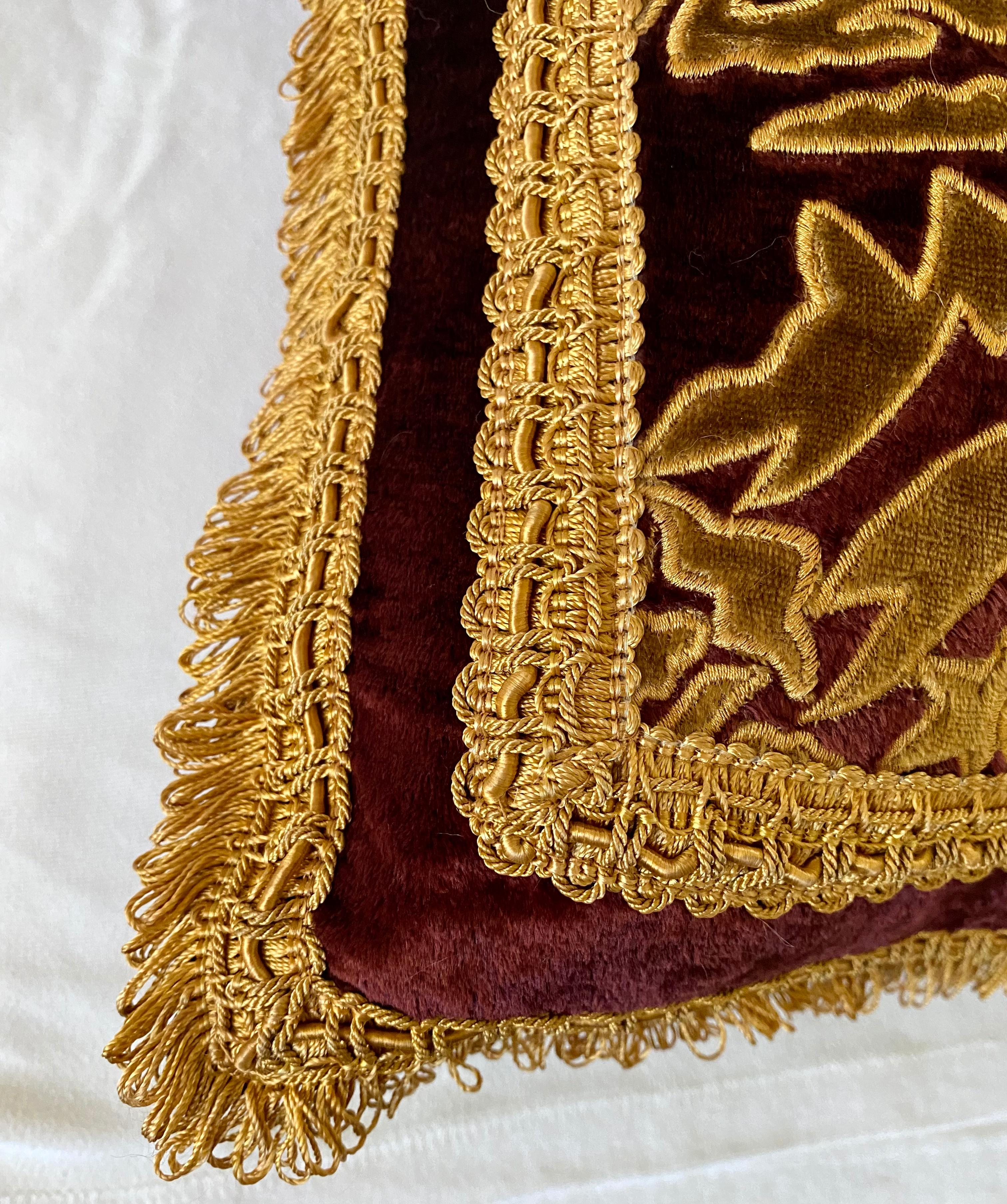 Baroque Style Red Velvet and Overall Gold Embroidery and Applique Pillow 2