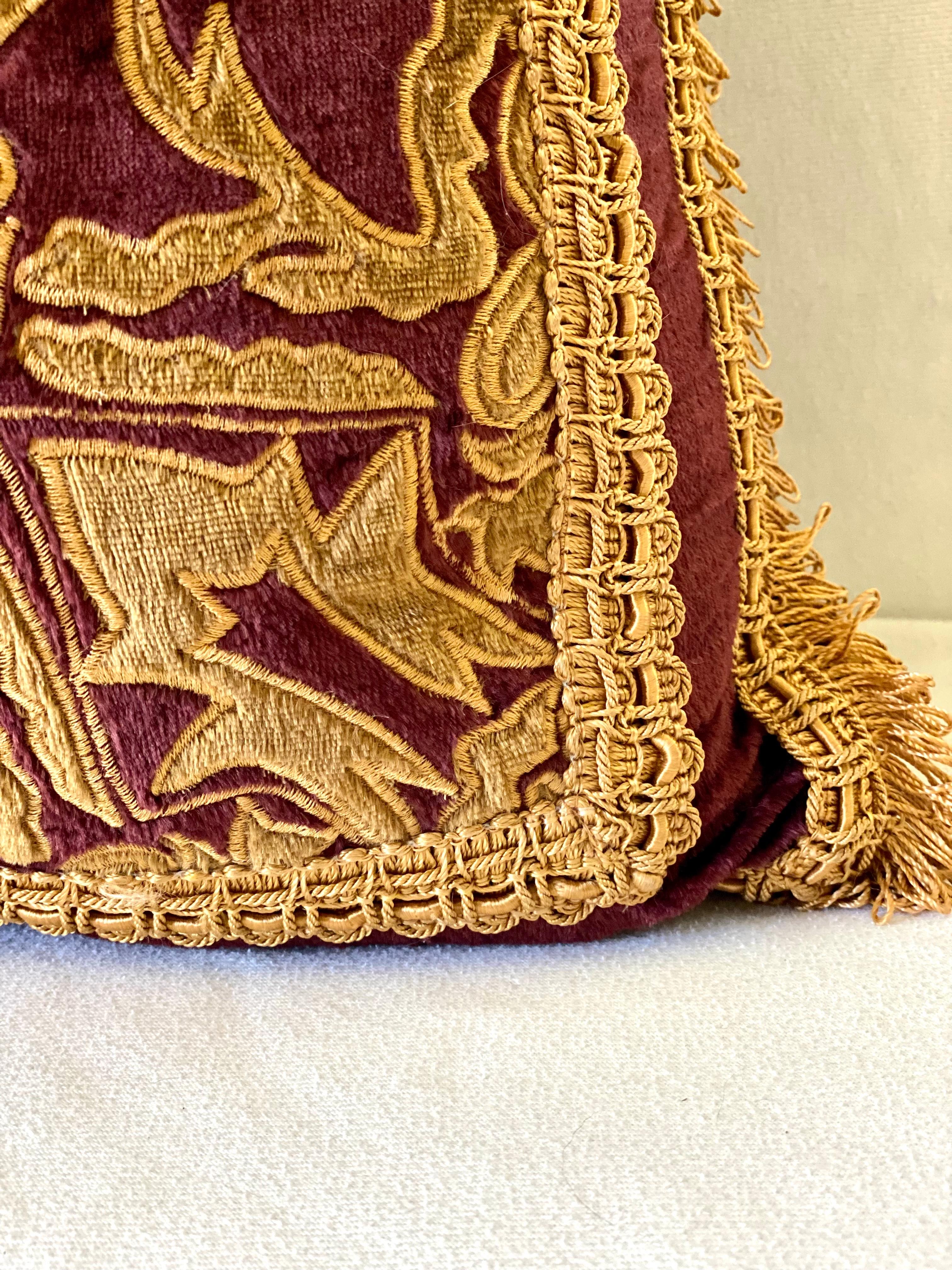 English Baroque Style Red Velvet and Overall Gold Embroidery and Applique Pillow