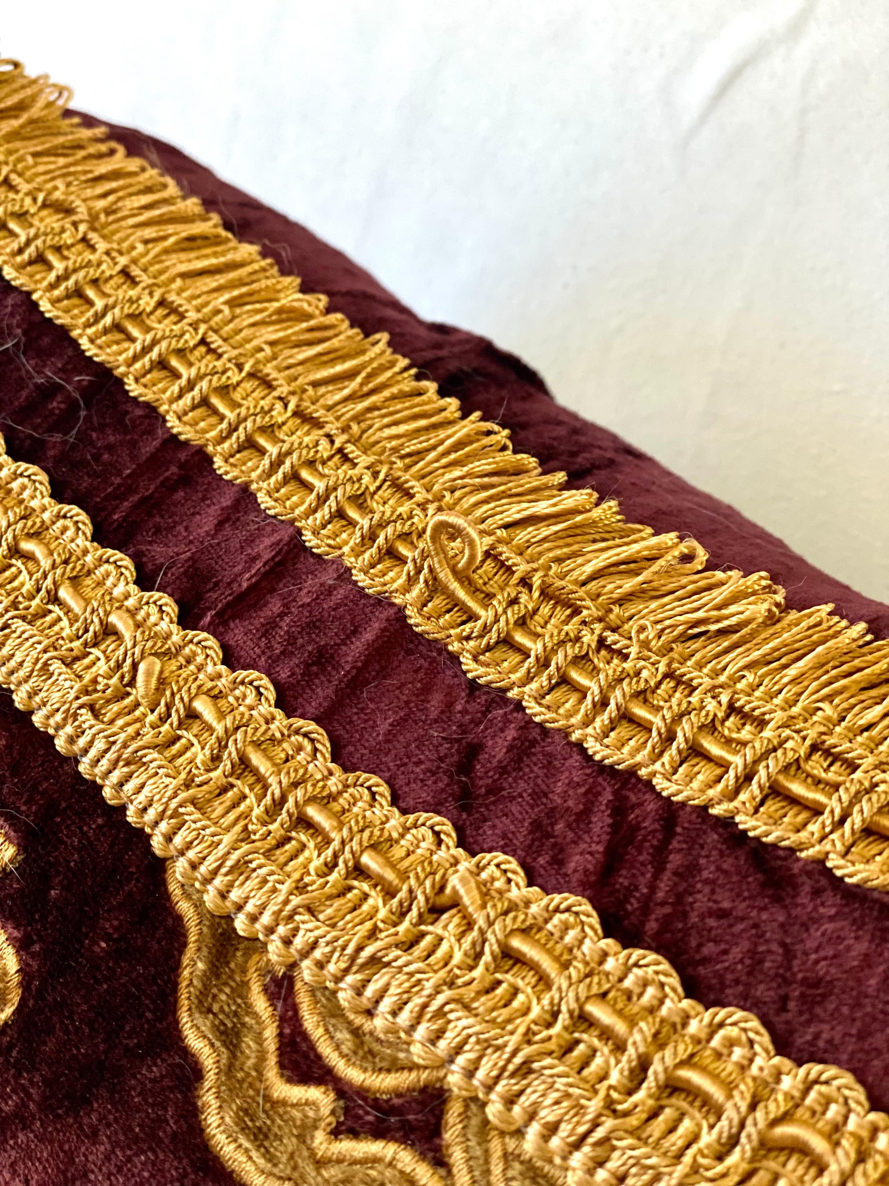 Baroque Style Red Velvet and Overall Gold Embroidery and Applique Pillow In Good Condition In San Francisco, CA