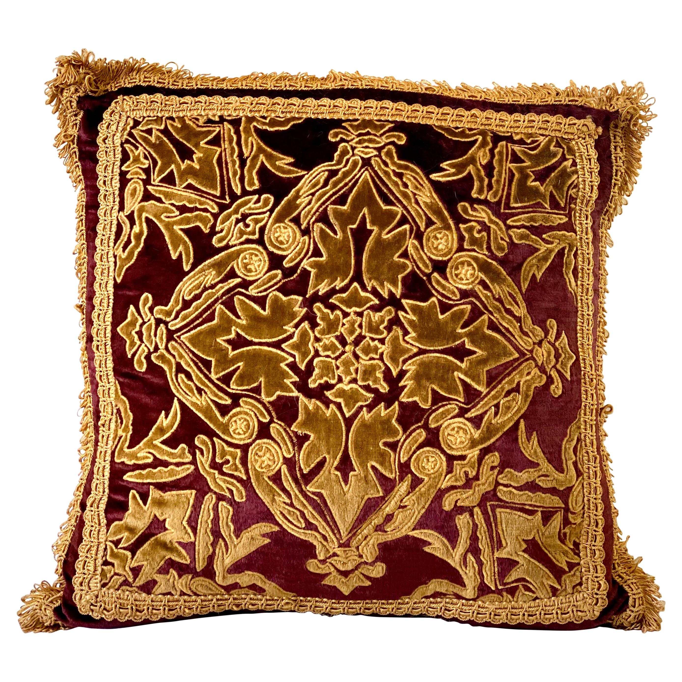 Baroque Style Red Velvet and Overall Gold Embroidery and Applique Pillow