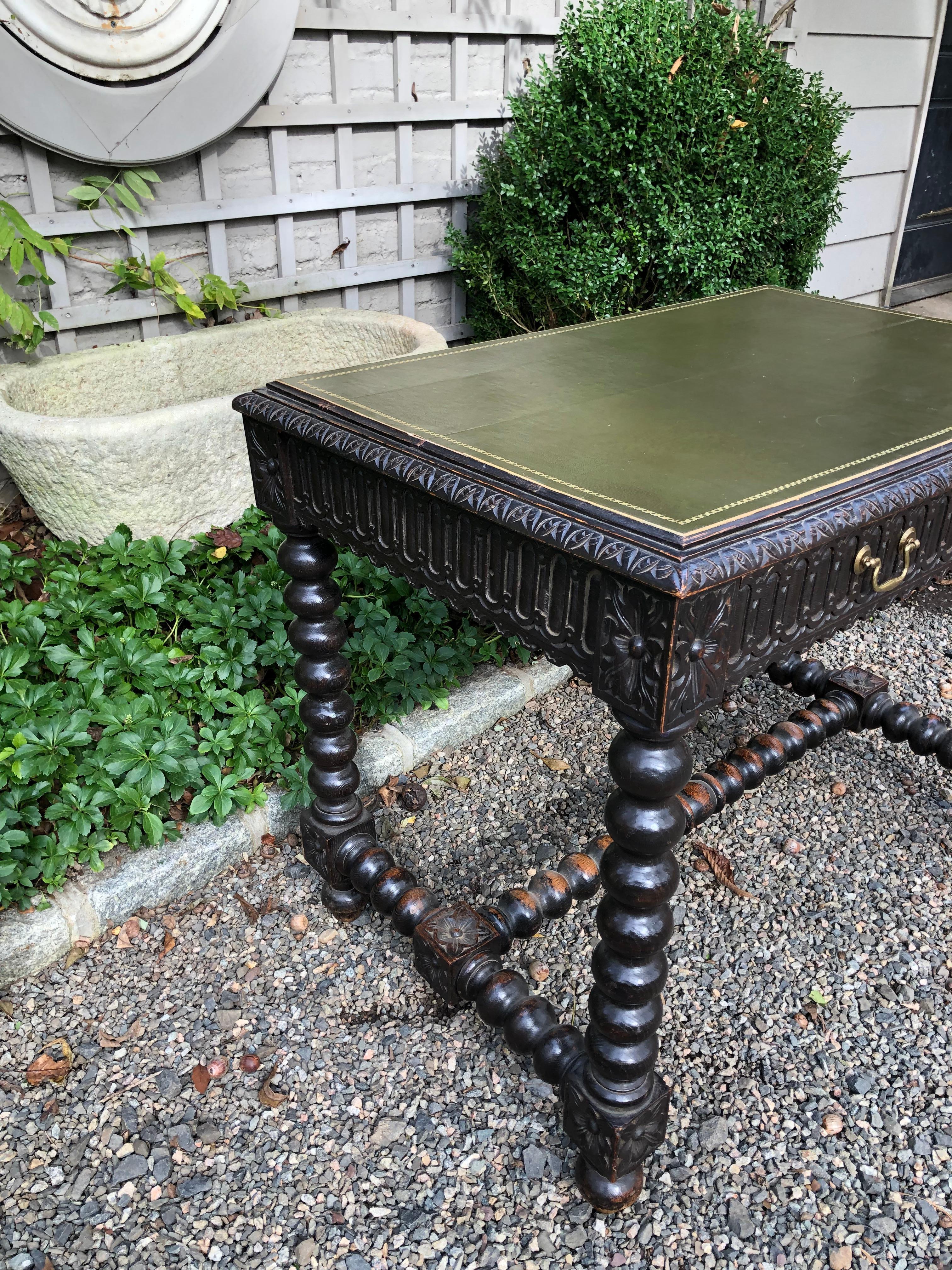 Leather Baroque Style Relief Carved French Writing Table Desk