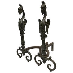 Baroque Style Scrolling Bronze and Iron Griffin Firedogs / Andirons, Pair