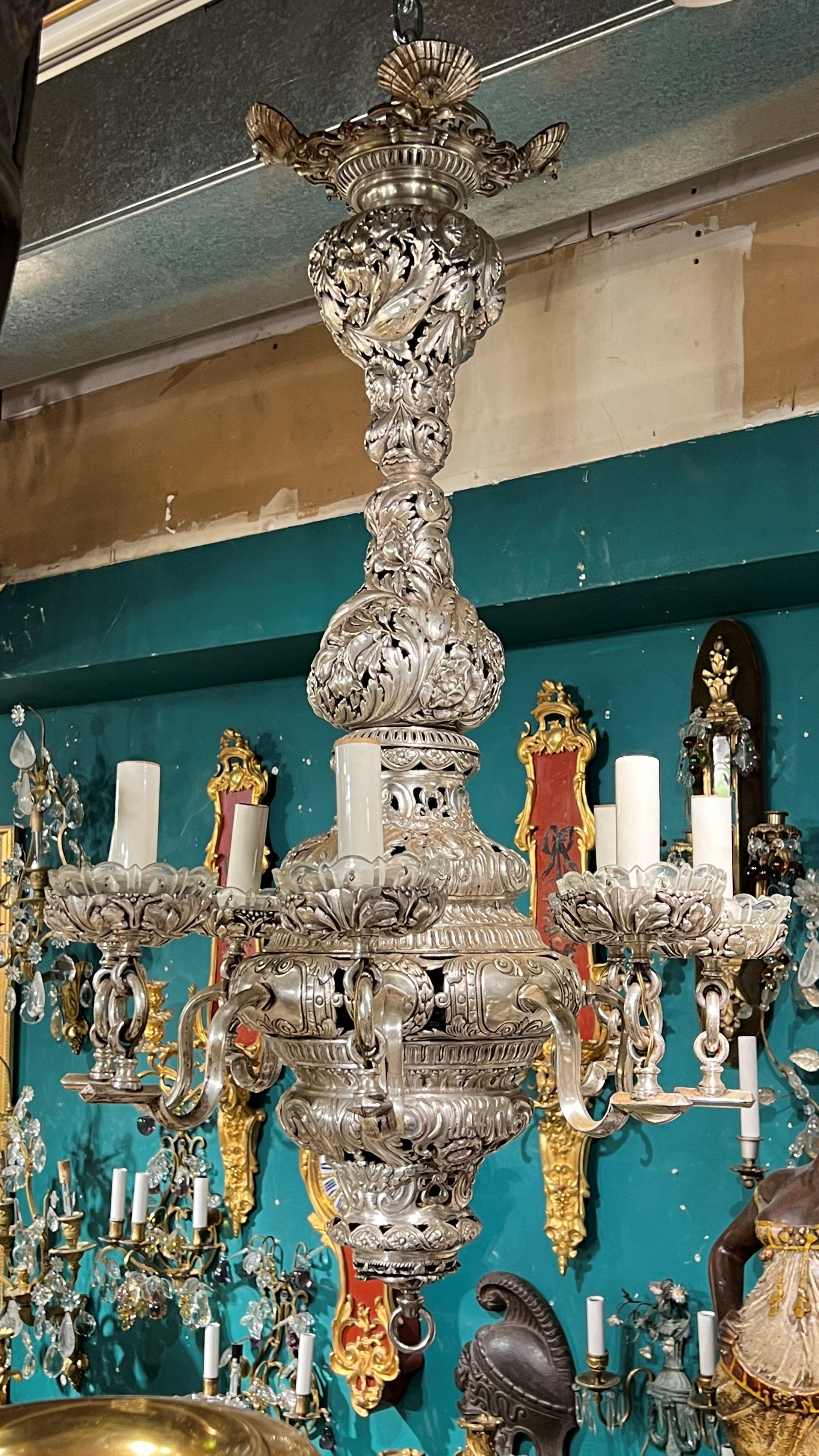 Baroque Revival Baroque Style Silvered Metal Chandelier with Shell Motif Attributed to Caldwell For Sale