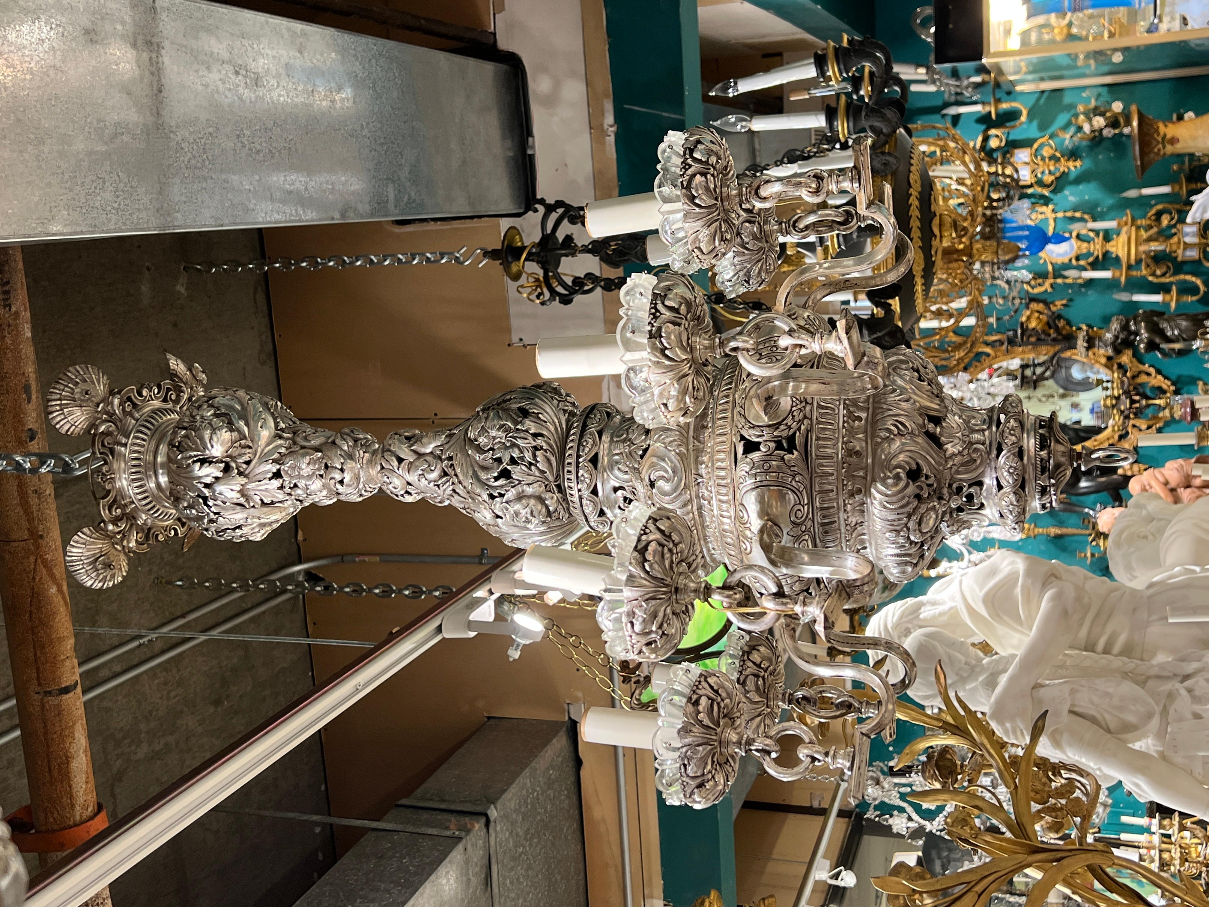 American Baroque Style Silvered Metal Chandelier with Shell Motif Attributed to Caldwell For Sale