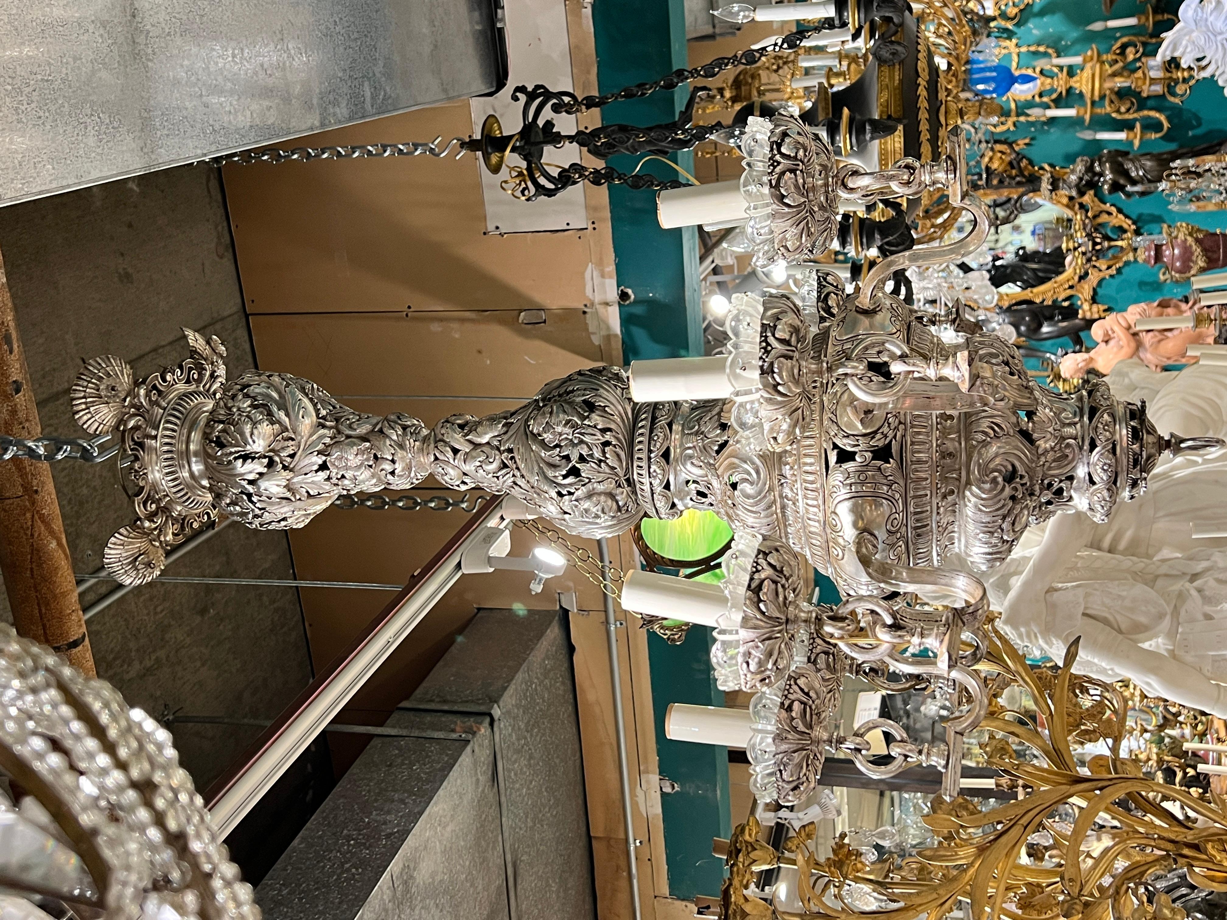 Baroque Style Silvered Metal Chandelier with Shell Motif Attributed to Caldwell In Good Condition For Sale In New York, NY