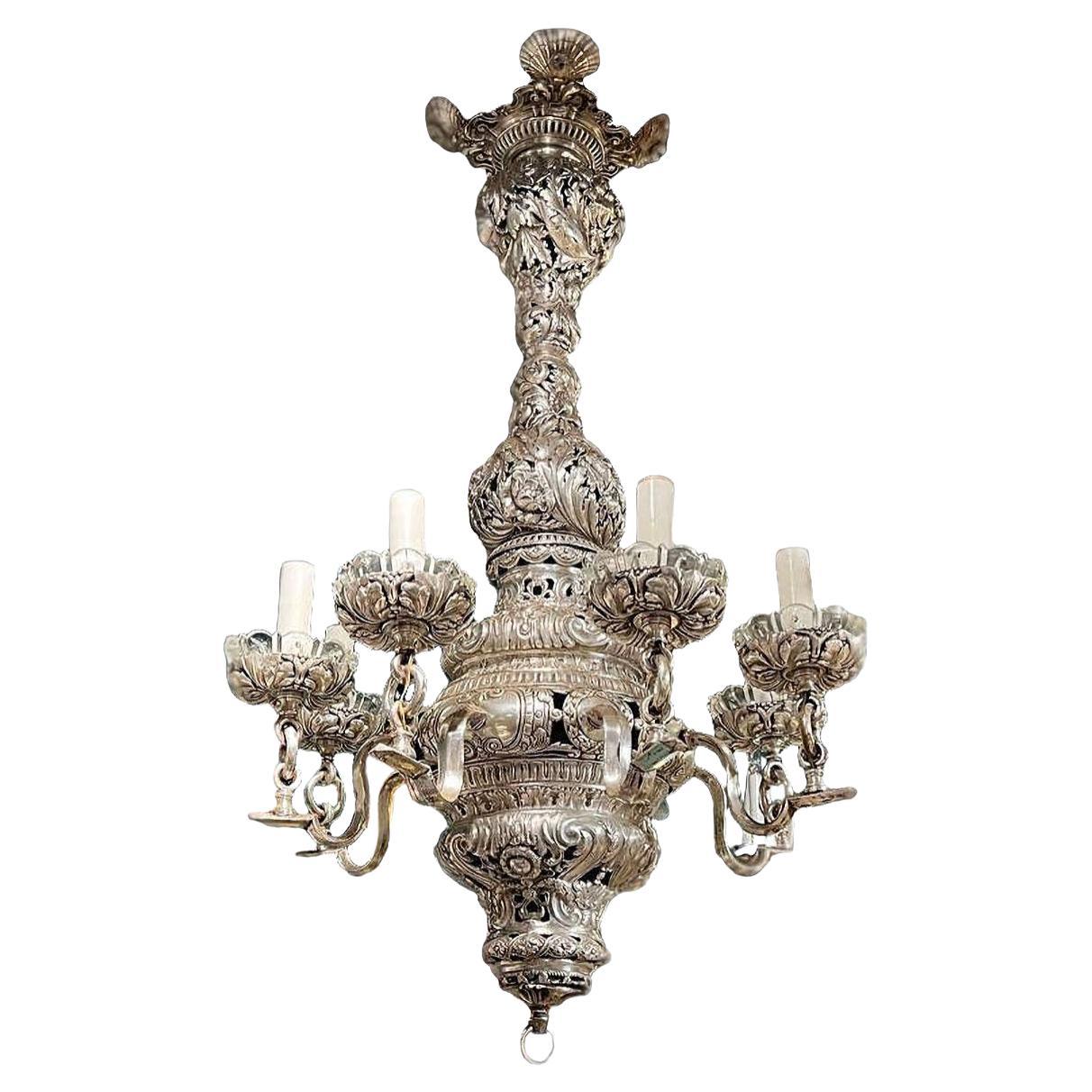 Baroque Style Silvered Metal Chandelier with Shell Motif Attributed to Caldwell For Sale