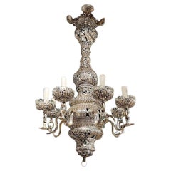 Antique Baroque Style Silvered Metal Chandelier with Shell Motif Attributed to Caldwell