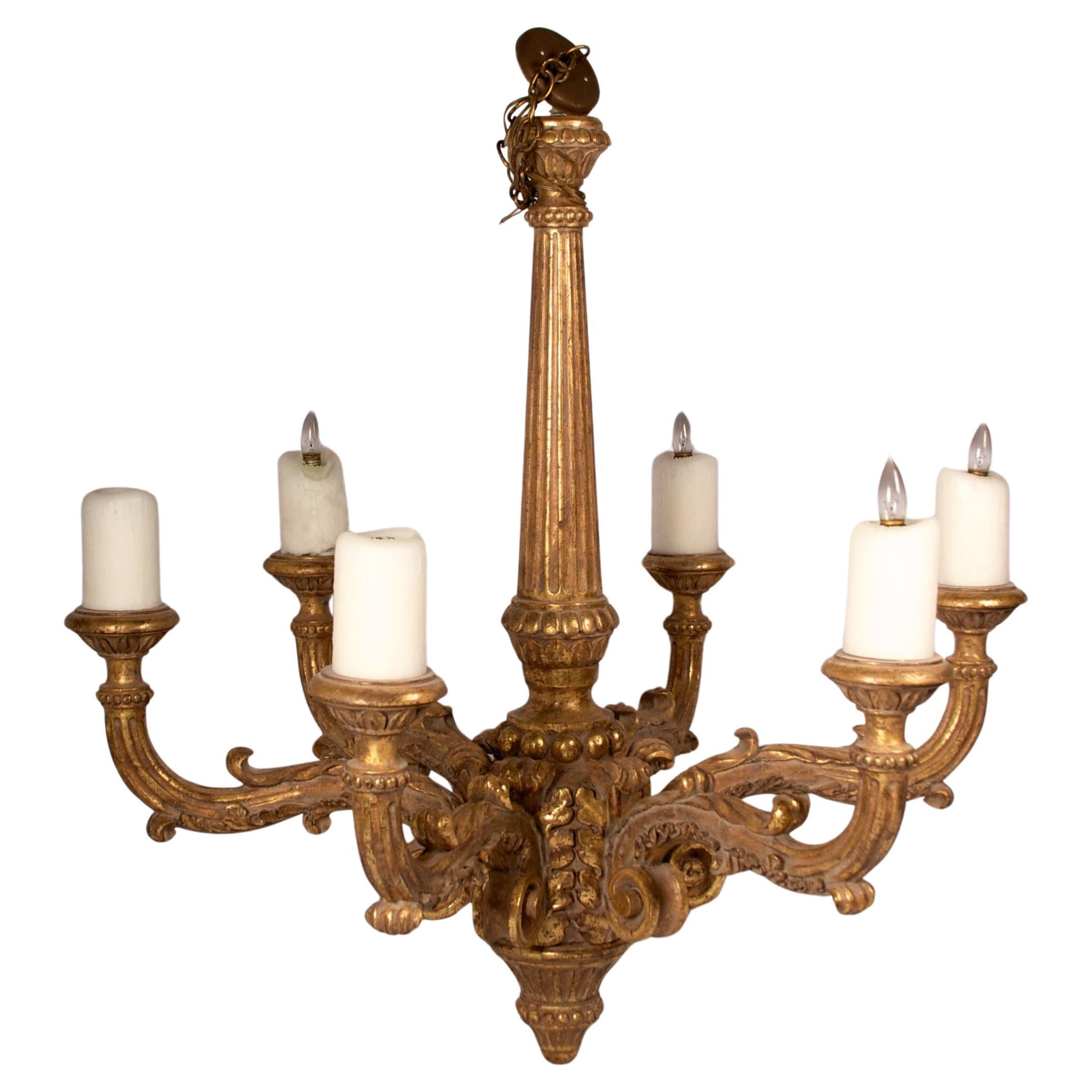 Baroque Style, Six-Light Hand-Carved and Gilded Chandelier For Sale