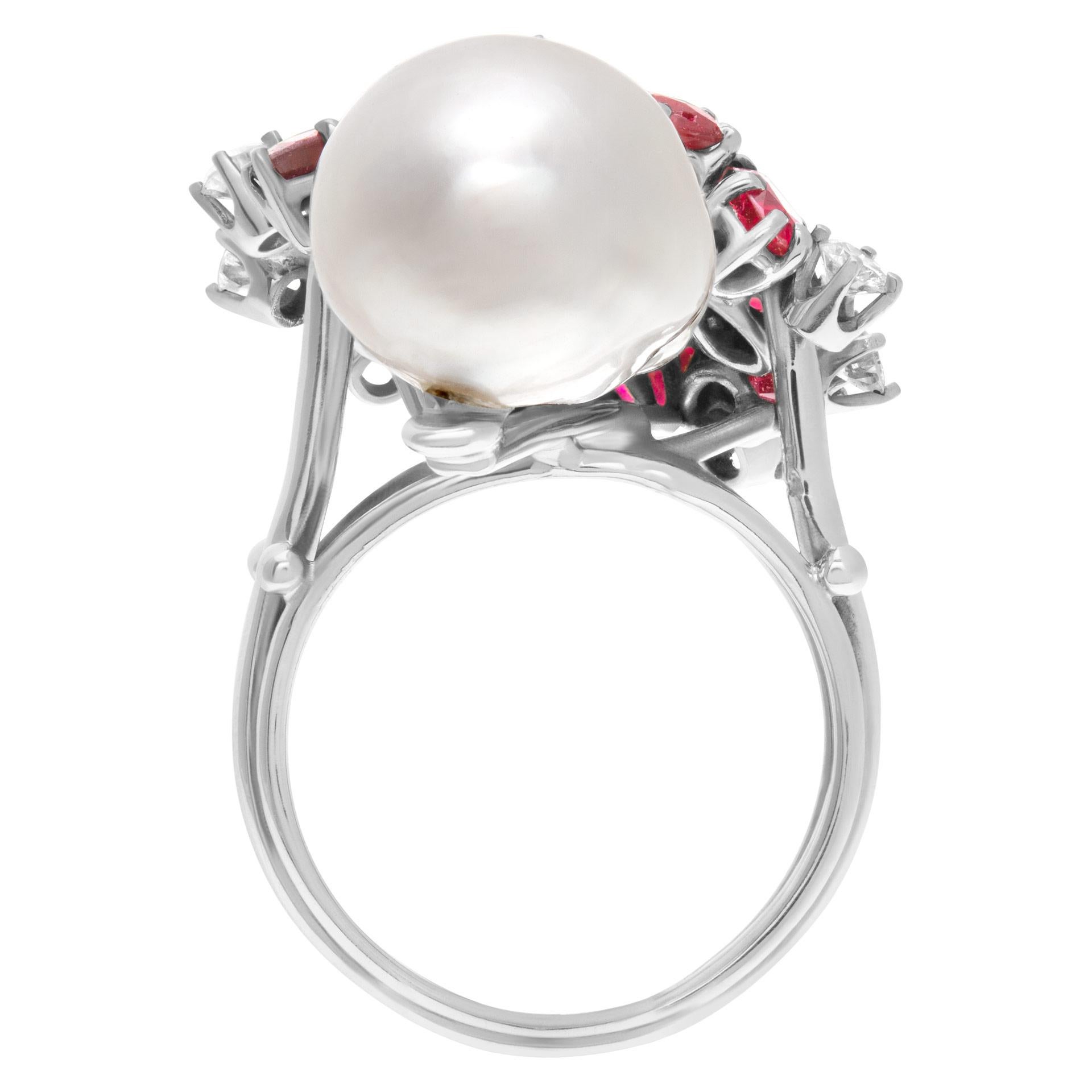 Women's or Men's Baroque Style South Sea Pearl Ring with Multi Cut Rubies & Round For Sale