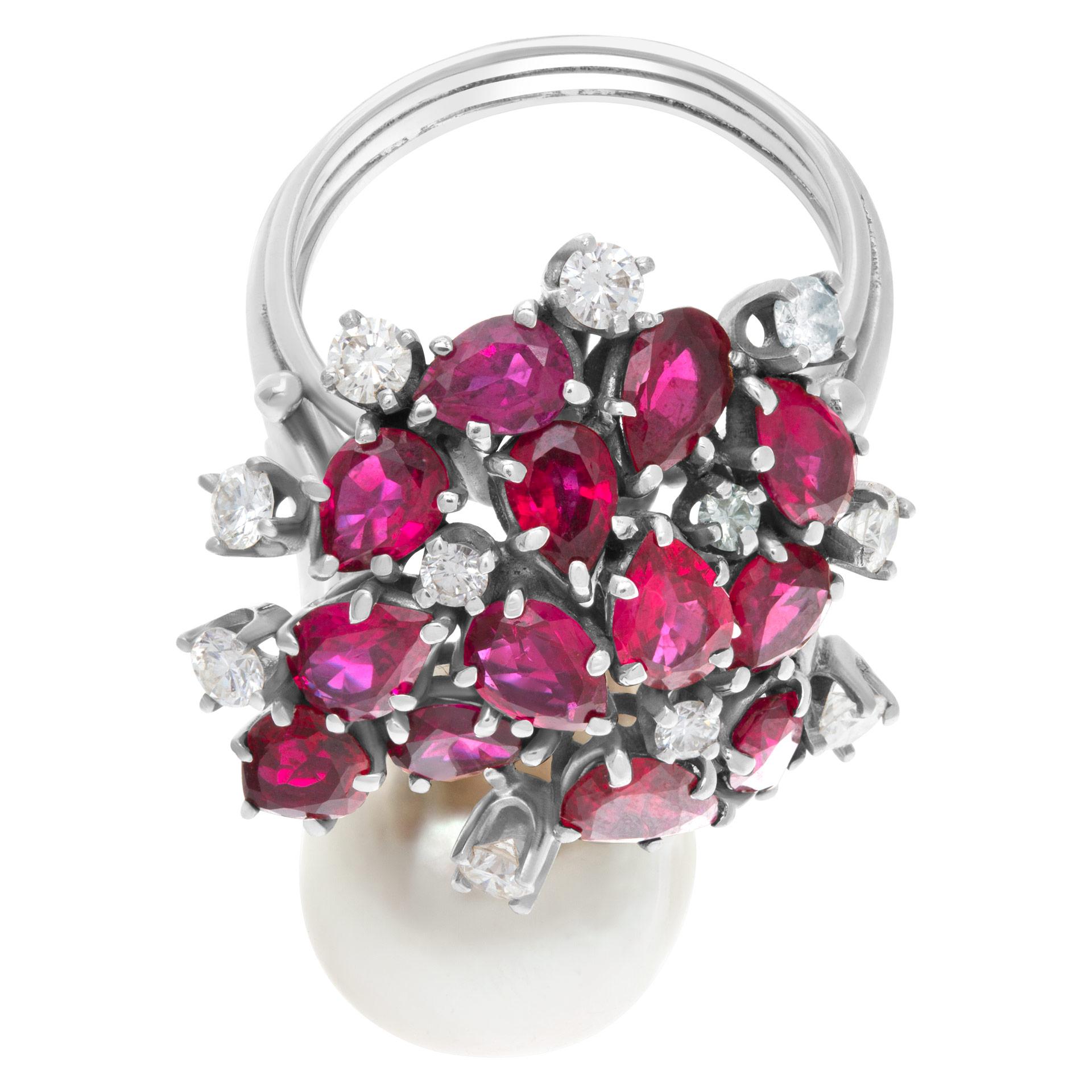 Baroque Style South Sea Pearl Ring with Multi Cut Rubies & Round For Sale 1