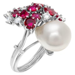 Vintage Baroque Style South Sea Pearl Ring with Multi Cut Rubies & Round
