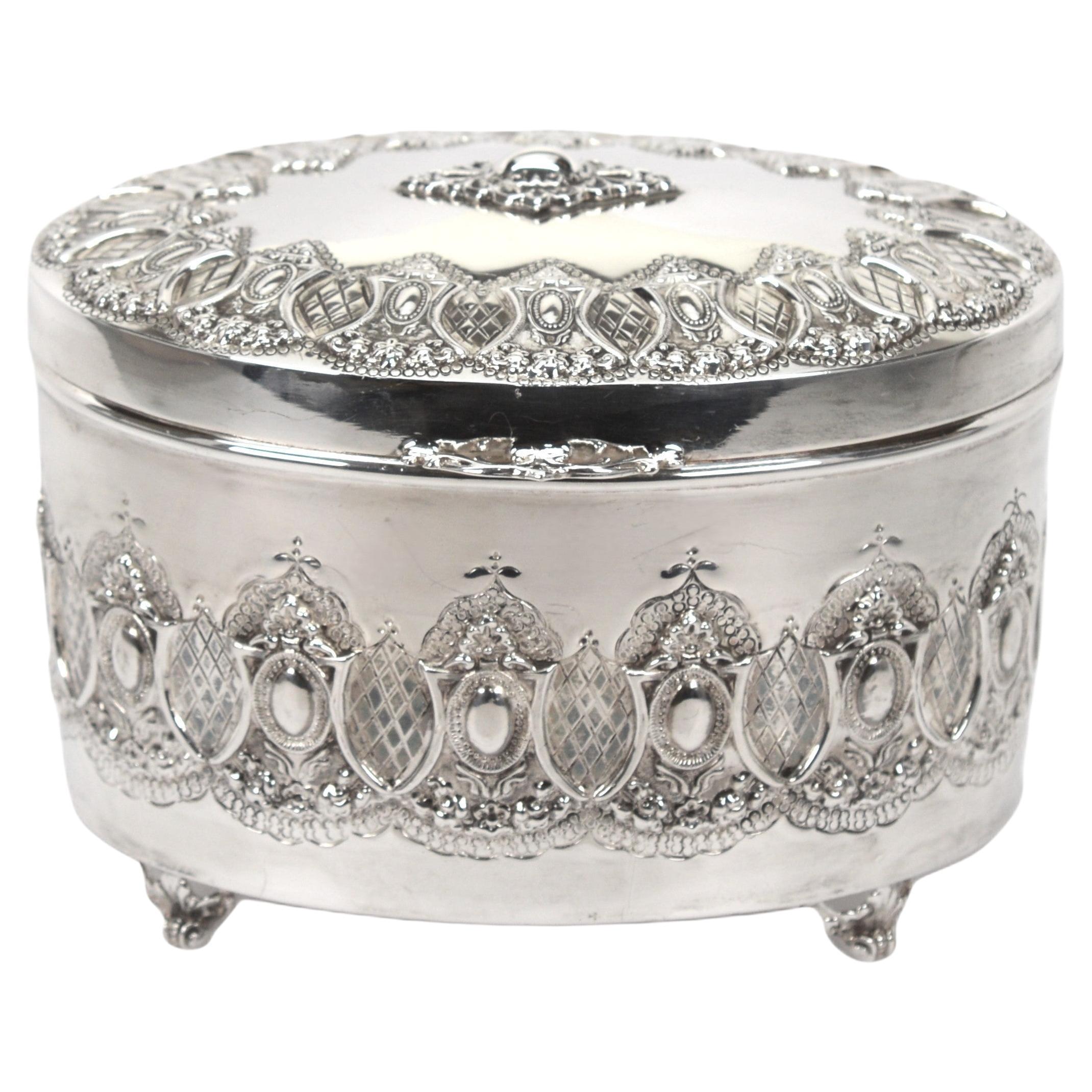 Baroque Style Sterling Silver Oval Repousse Jewelry Trinket Box