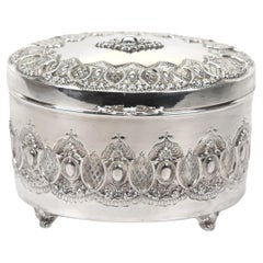 Baroque Style Sterling Silver Oval Repousse Jewelry Trinket Box