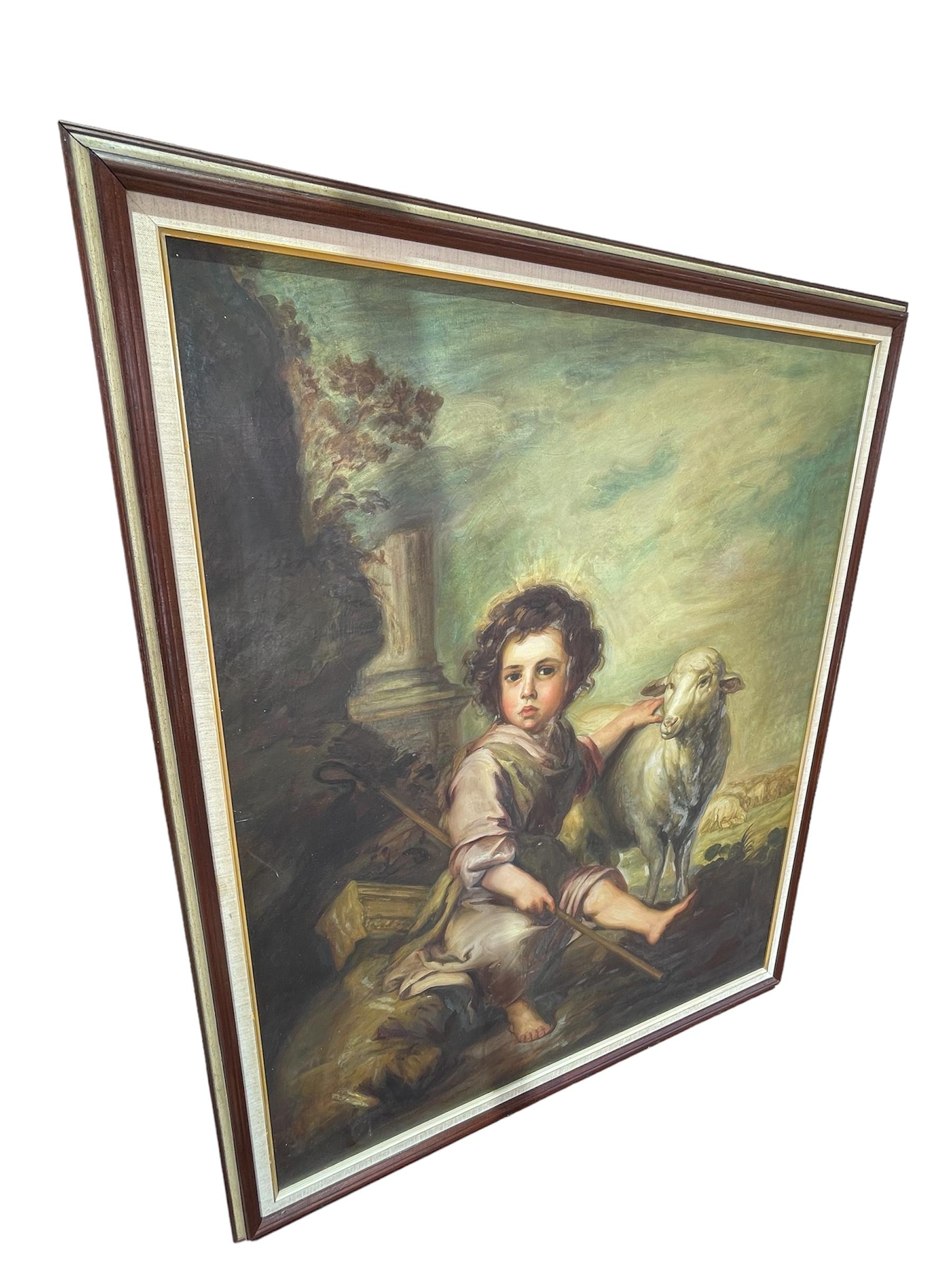 Pintura al Óleo El Buen Pastor con Cordero de Estilo Barroco en venta 4