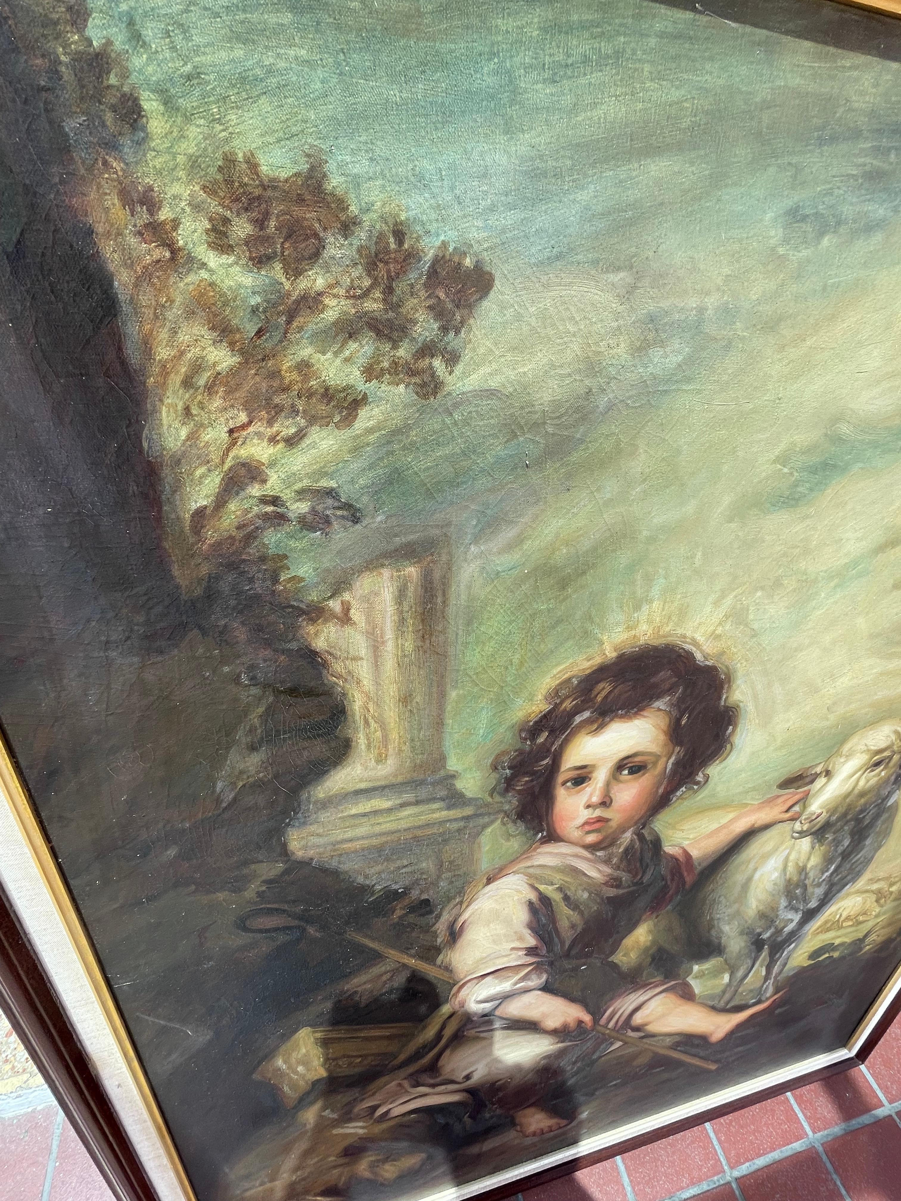 Pintura al Óleo El Buen Pastor con Cordero de Estilo Barroco en venta 6