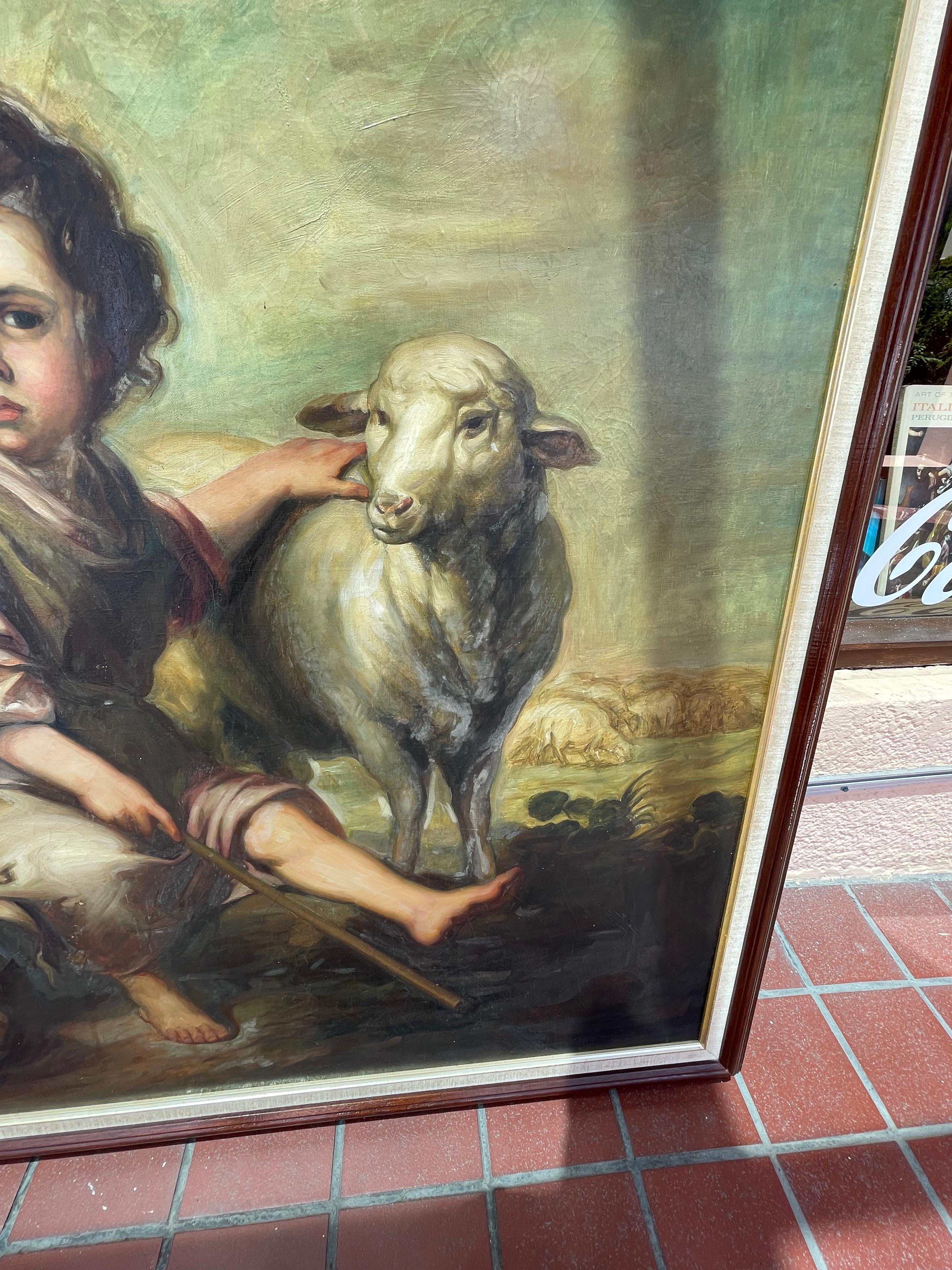 Pintura al Óleo El Buen Pastor con Cordero de Estilo Barroco en venta 7