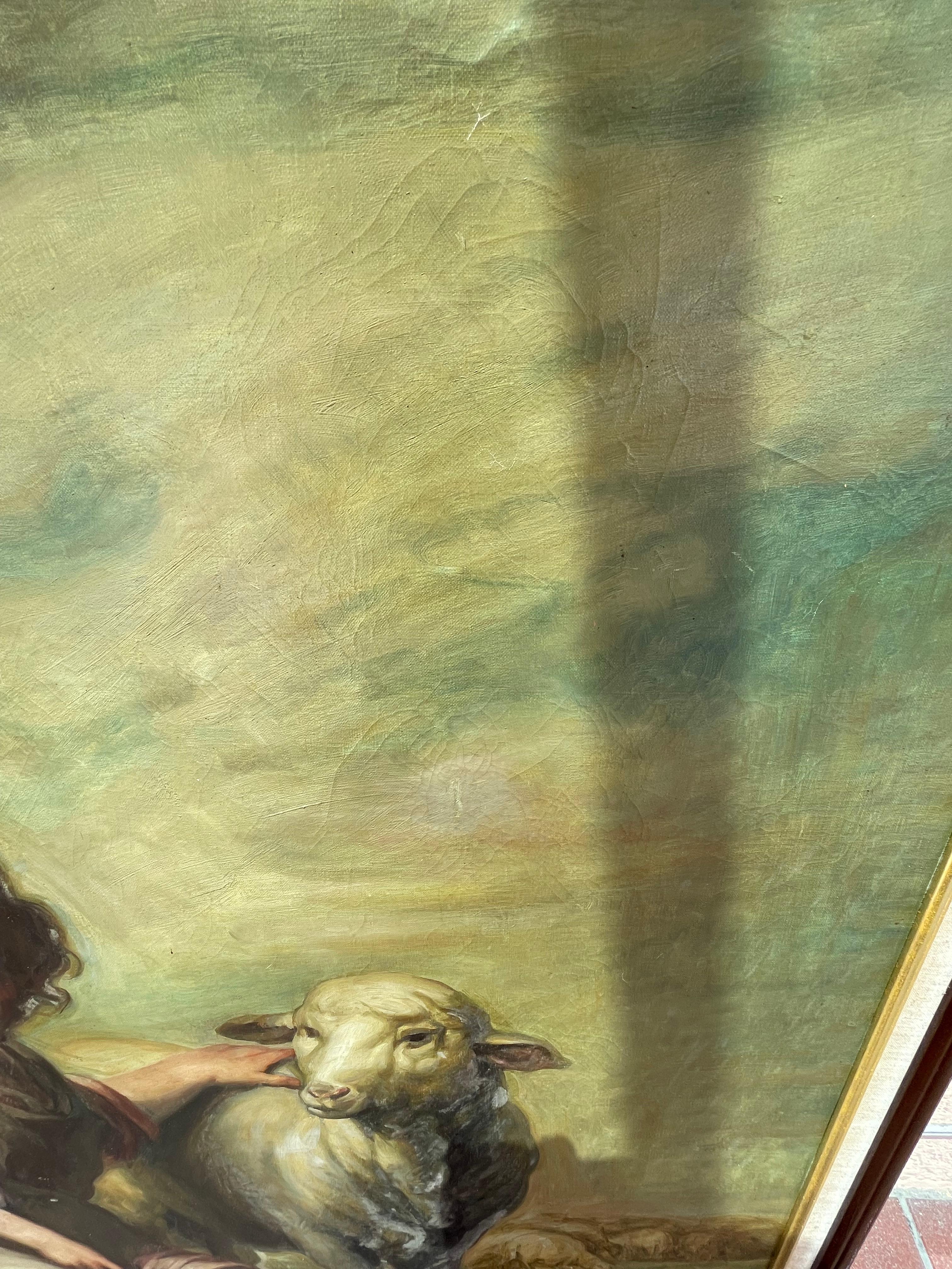 Pintura al Óleo El Buen Pastor con Cordero de Estilo Barroco en venta 9