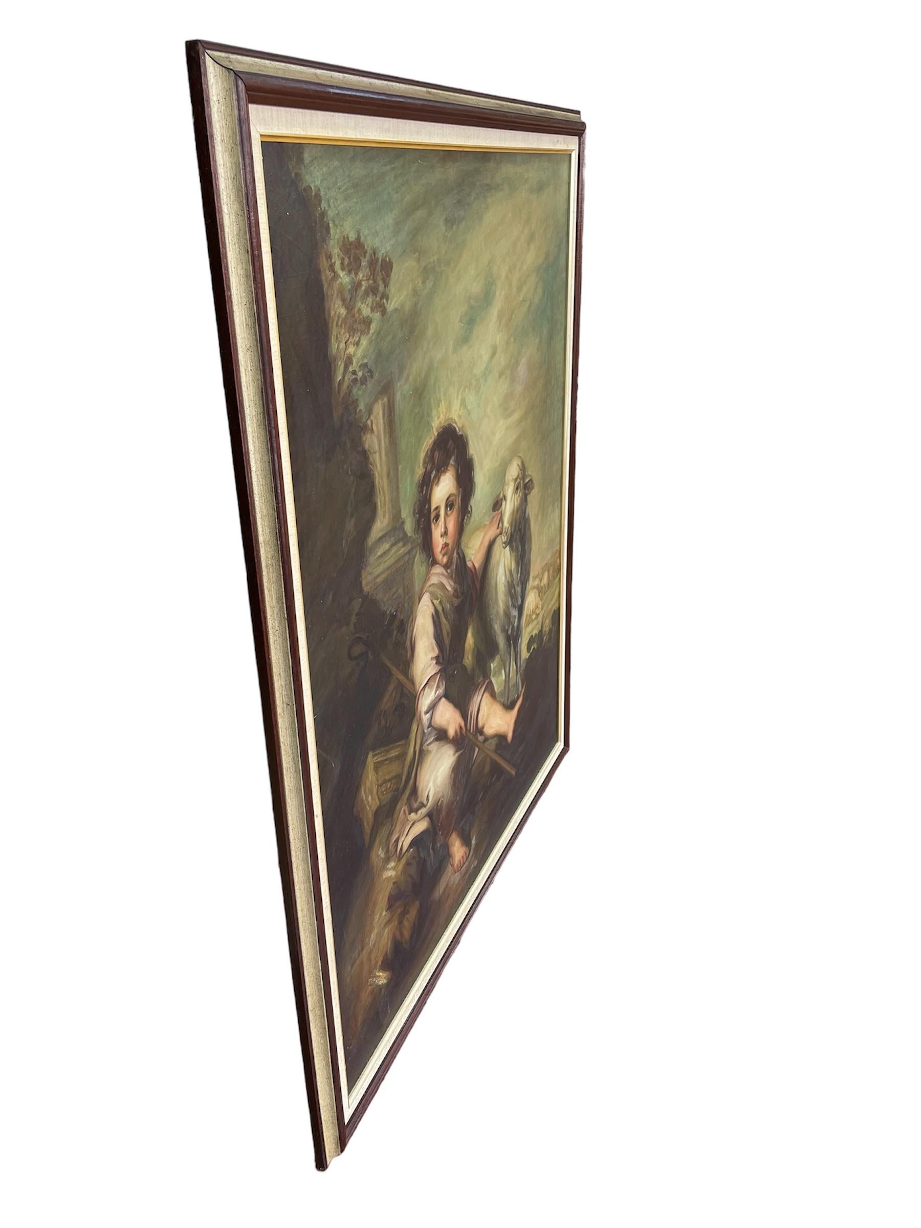Pintura al Óleo El Buen Pastor con Cordero de Estilo Barroco en venta 12