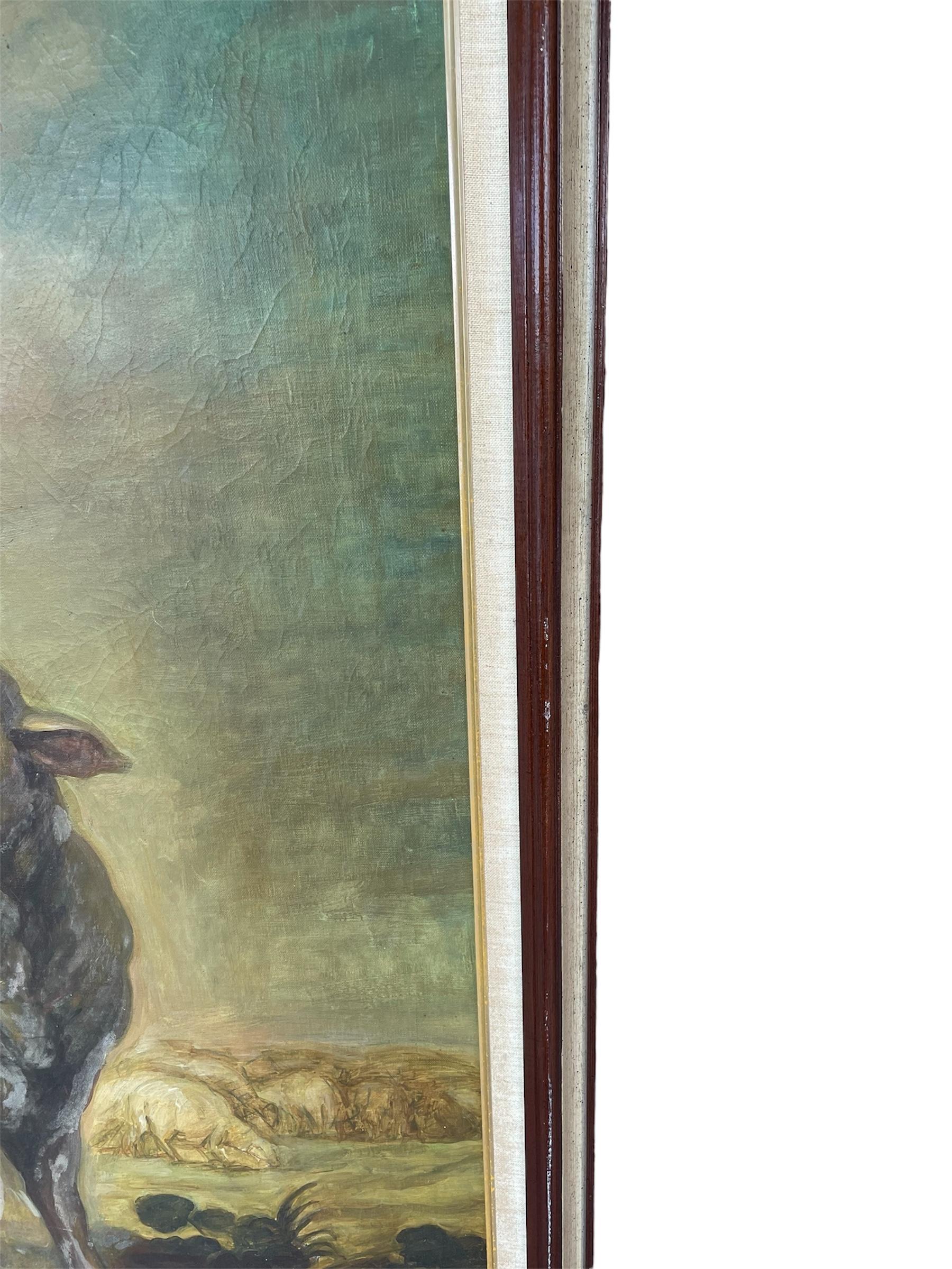 Esta es la Pintura Buen Pastor con Cordero. Representa una pintura al óleo sobre lienzo del Niño Jesús sentado en una gran roca sosteniendo con la mano derecha el bastón de pastor y con la izquierda el cordero de Dios en un paisaje pastoral. Está