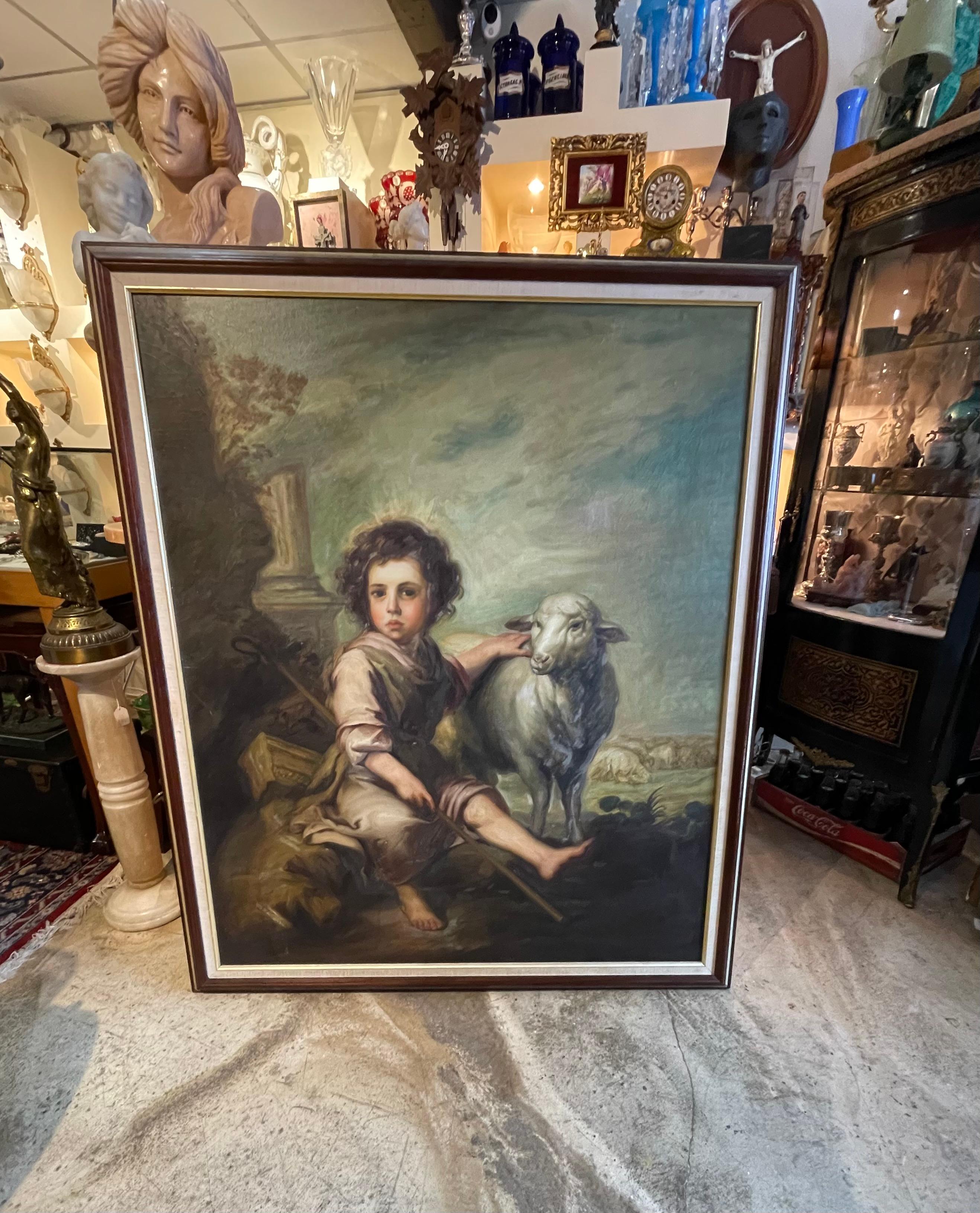 Pintura al Óleo El Buen Pastor con Cordero de Estilo Barroco en venta 13
