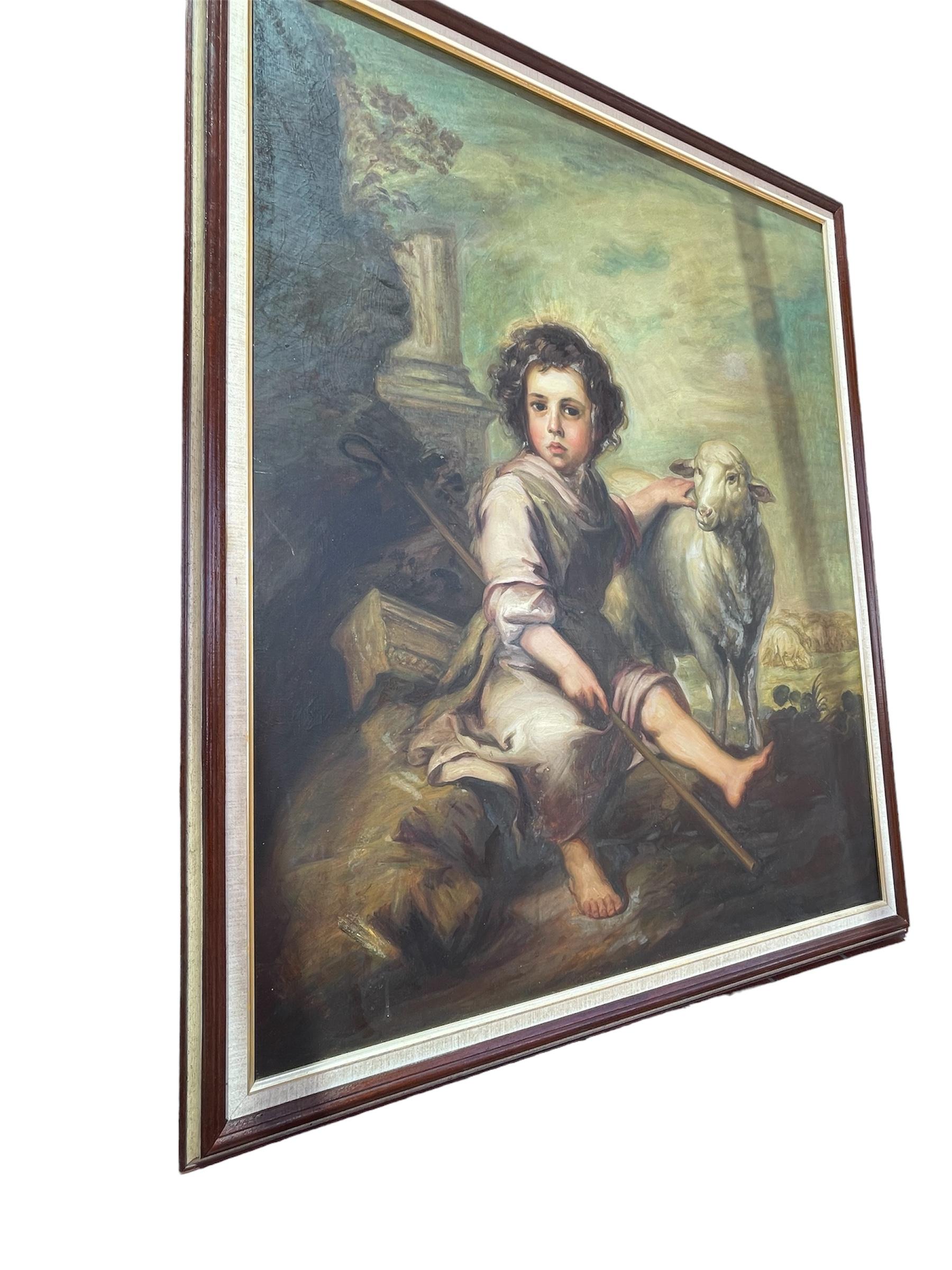 Pintura al Óleo El Buen Pastor con Cordero de Estilo Barroco Lienzo en venta