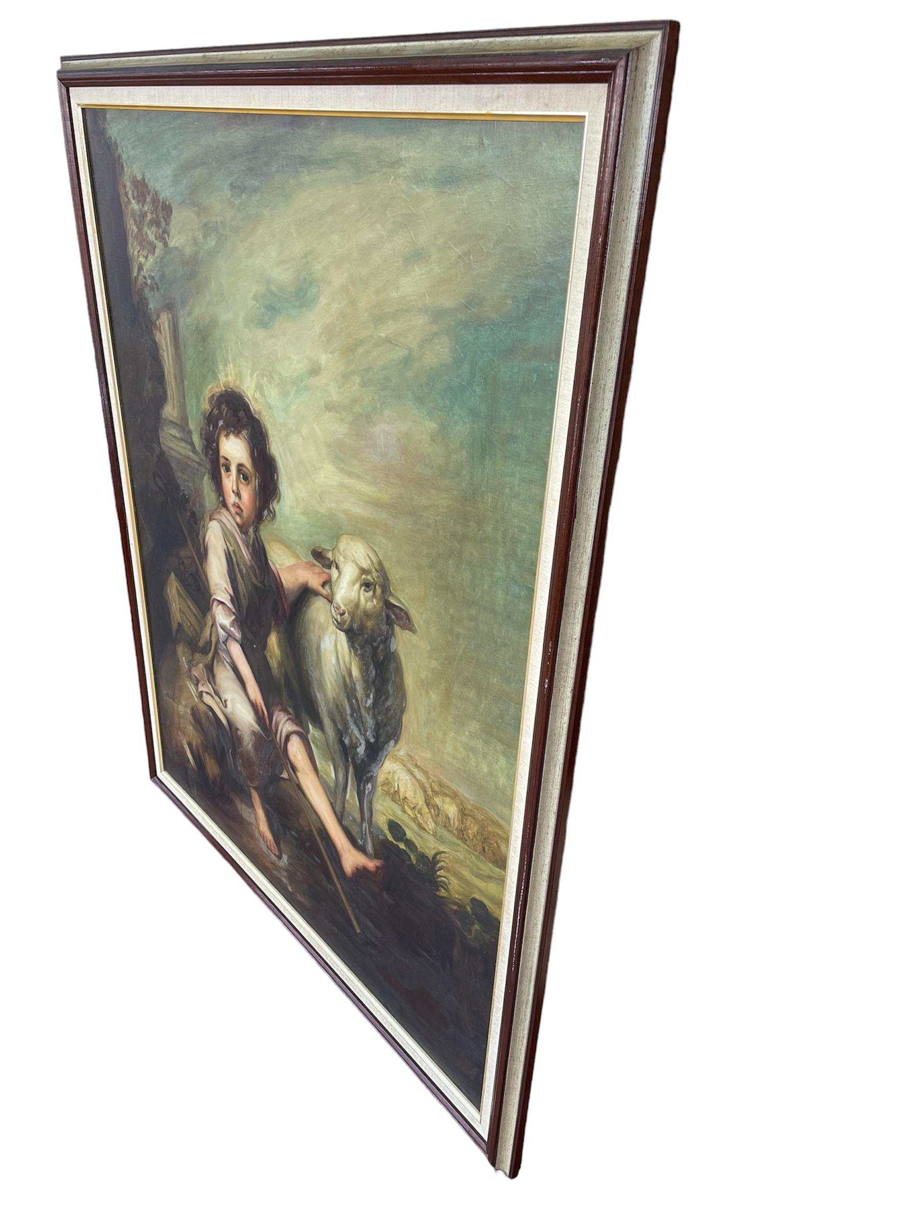 Pintura al Óleo El Buen Pastor con Cordero de Estilo Barroco en venta 1