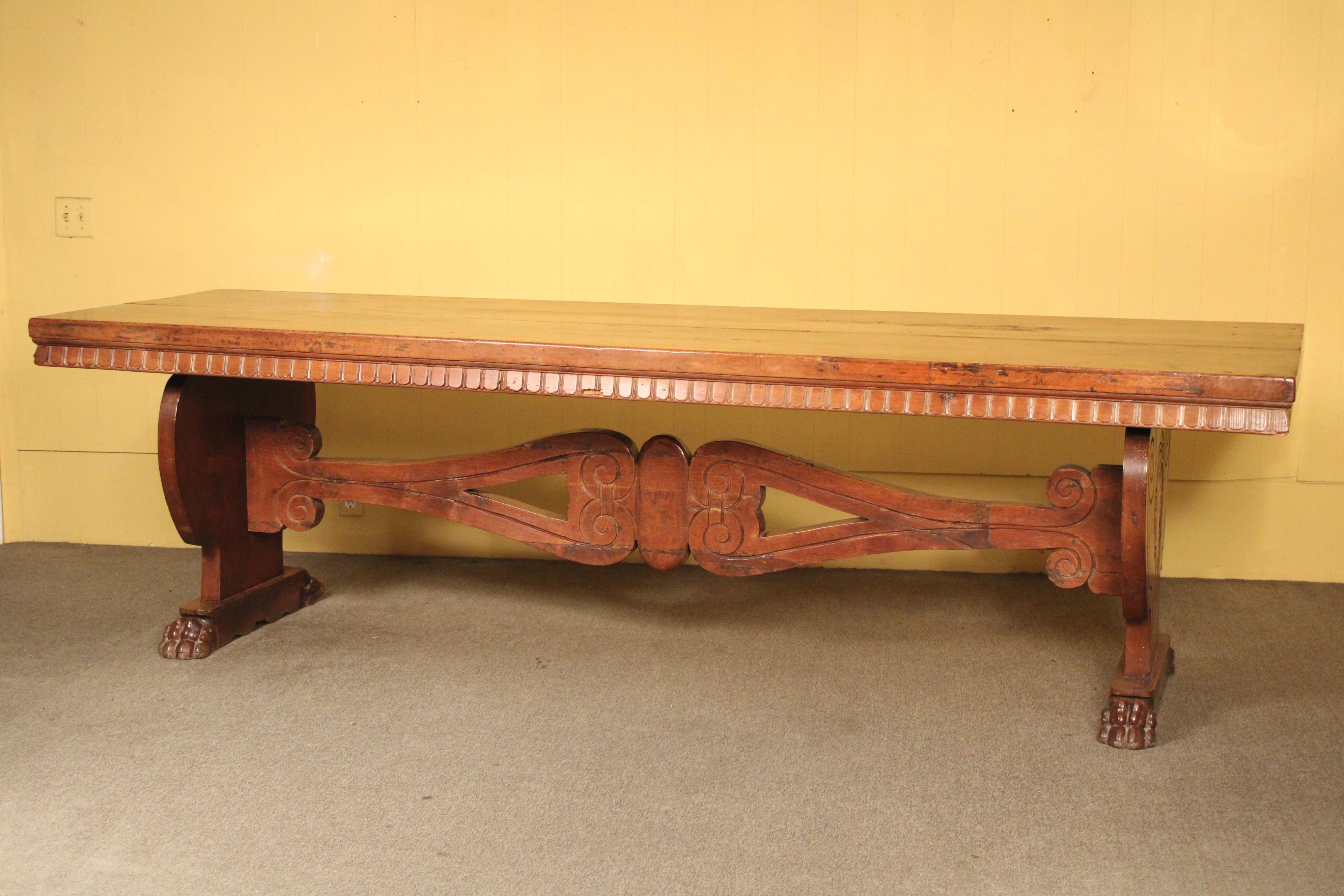 European Baroque Style Walnut Dining / Library Table For Sale