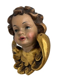 Baroque Style Wood Carved Cherub Angel Head, Vintage Anri Italy, 1970s