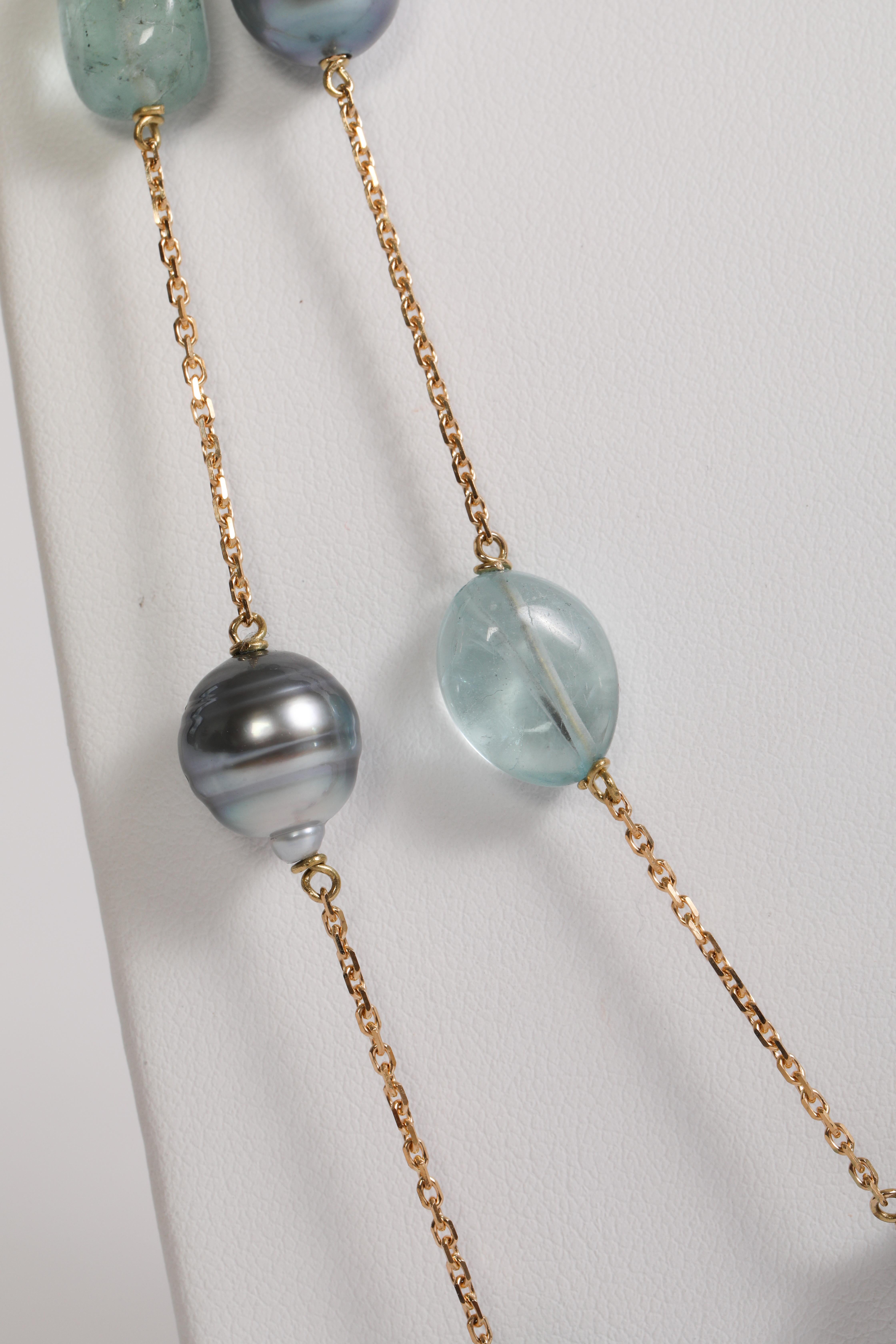 Contemporary Baroque Tahiti Pearls and Aquamarine Long Necklace Created by Marion Jeantet For Sale