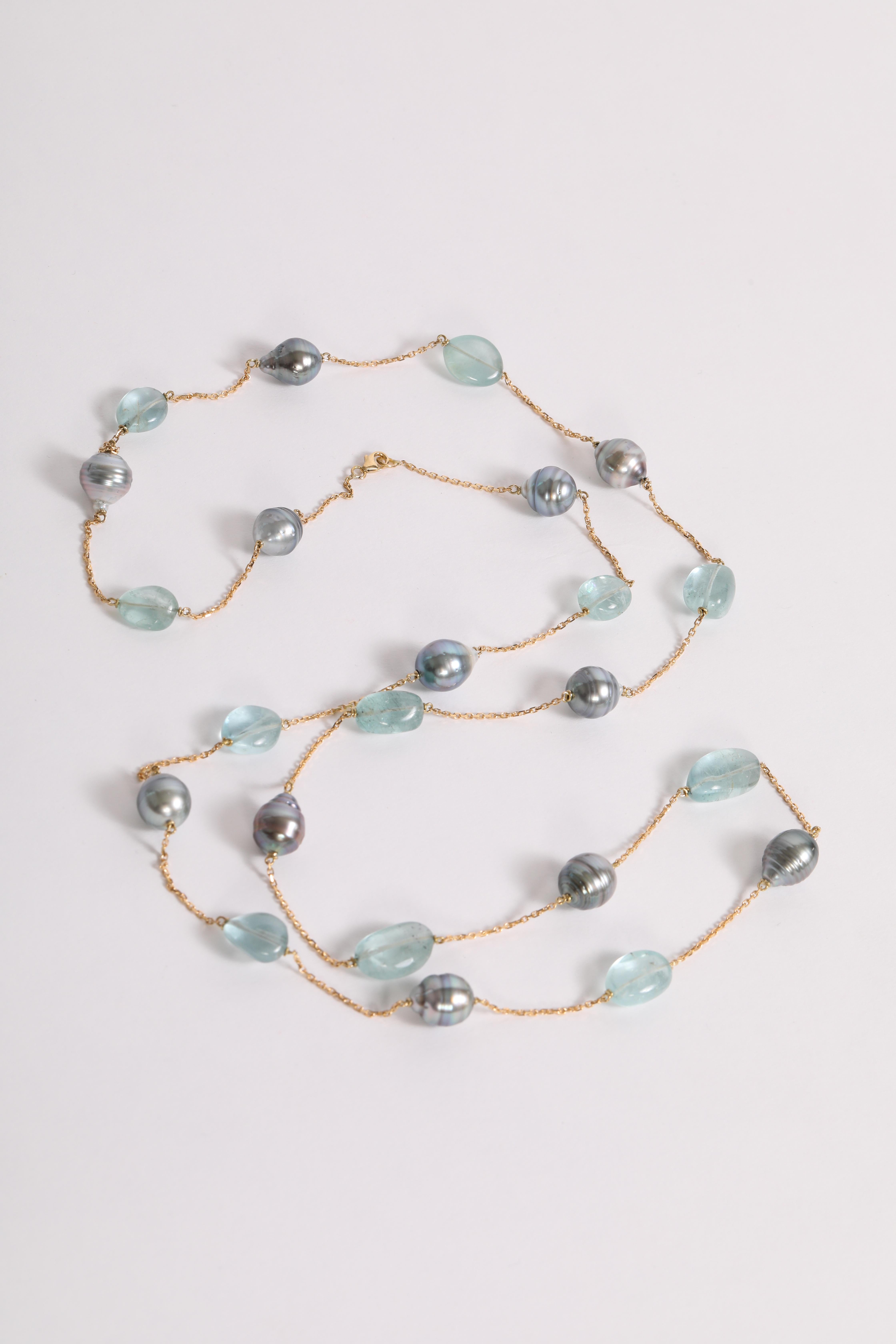 Baroque Tahiti Pearls and Aquamarine Long Necklace Created by Marion Jeantet In New Condition For Sale In Paris, FR