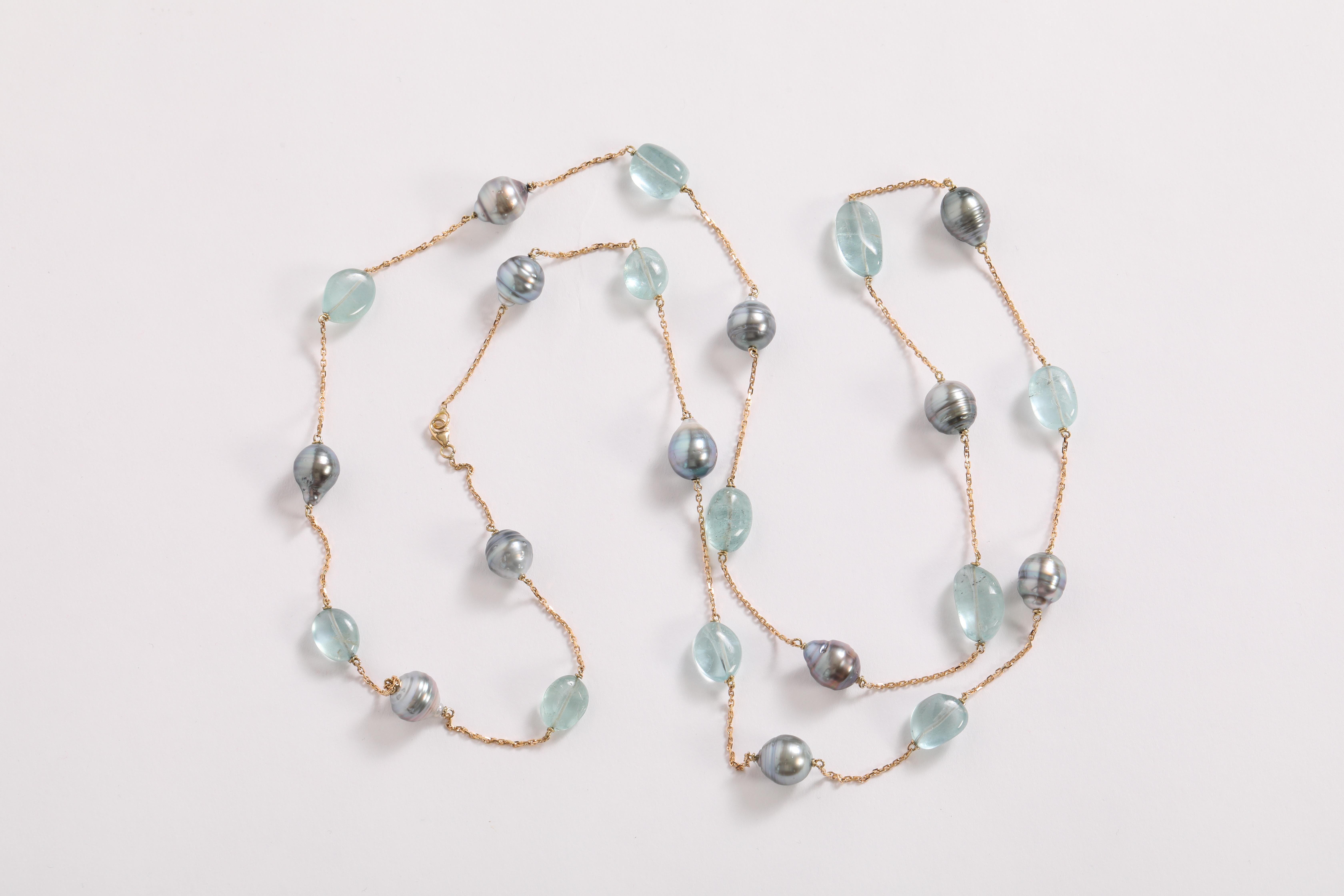 Women's Baroque Tahiti Pearls and Aquamarine Long Necklace Created by Marion Jeantet For Sale