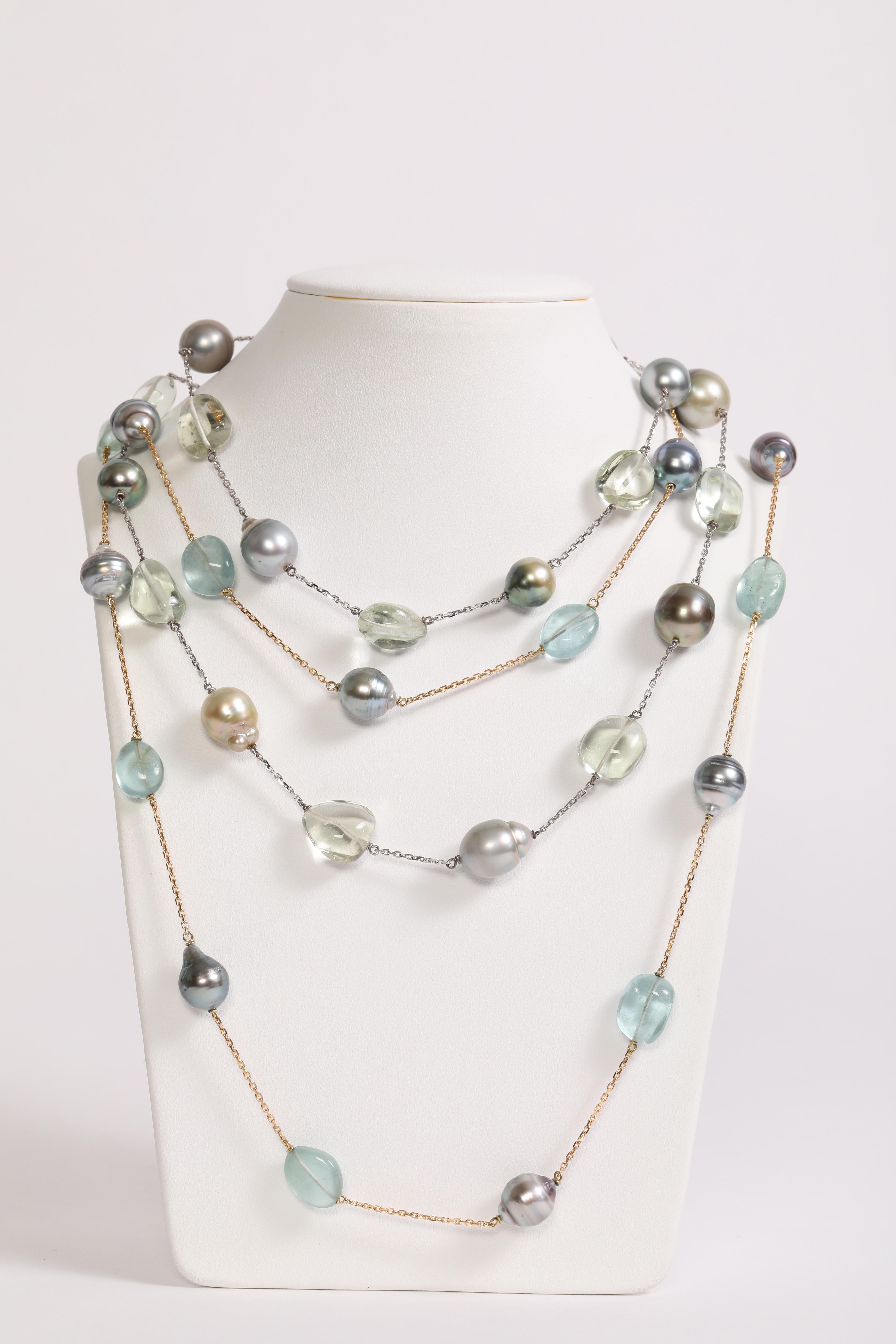 Baroque Tahiti Pearls and Aquamarine Long Necklace Created by Marion Jeantet For Sale 1