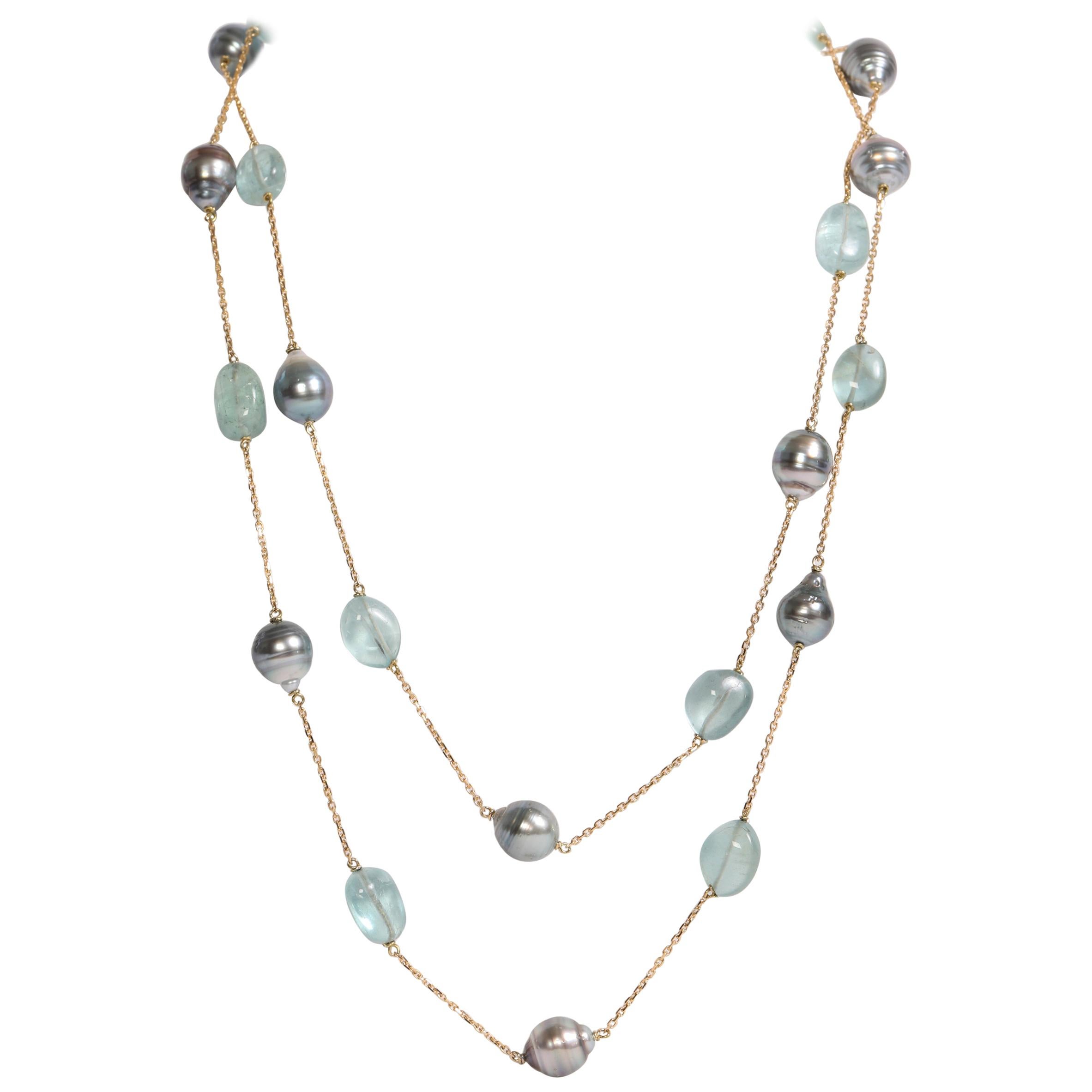 Baroque Tahiti Pearls and Aquamarine Long Necklace Created by Marion Jeantet