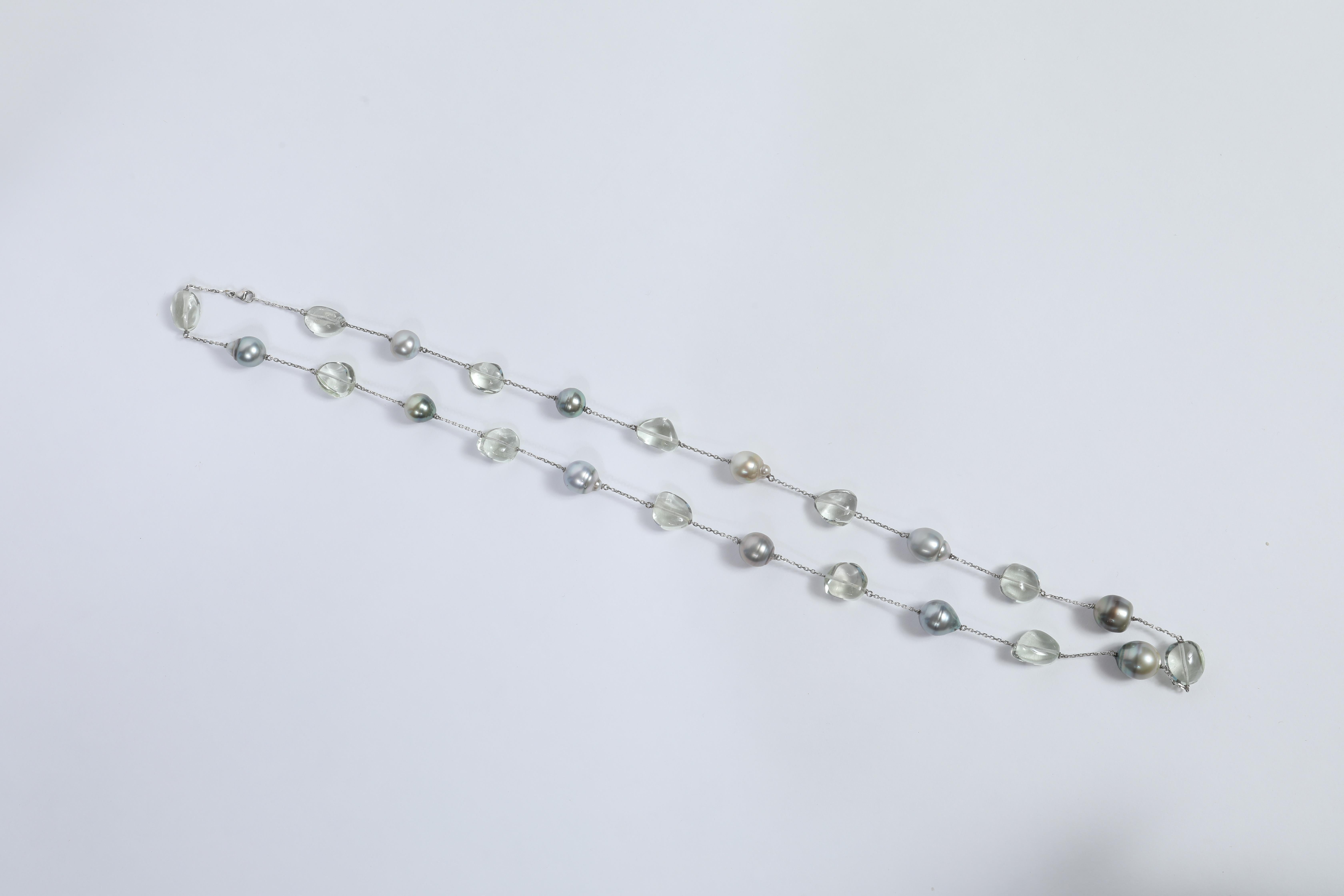 Contemporary Baroque Tahiti Pearls, Green Quartz, Long Necklace by Marion Jeantet