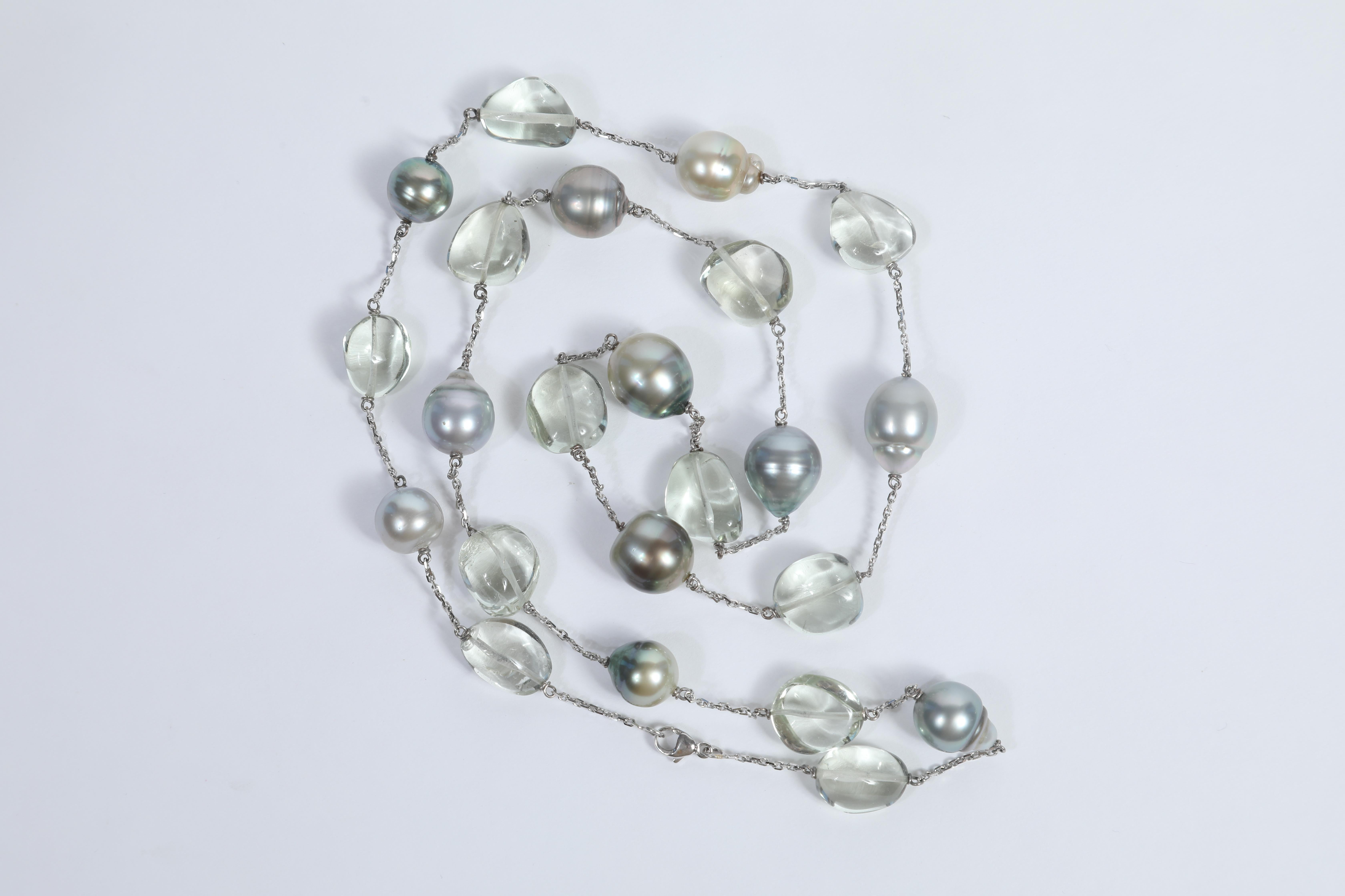 Women's Baroque Tahiti Pearls, Green Quartz, Long Necklace by Marion Jeantet