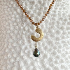 "Pod" Pendant in 18K Gold with 10.5mm Tahitian Pearl Drop on Brown Zircon Chain