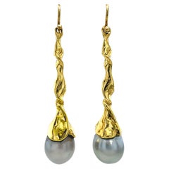 Perla barroca de Tahití "Gota"  Pendientes Colgantes Largos de Oro de 18 Kilates