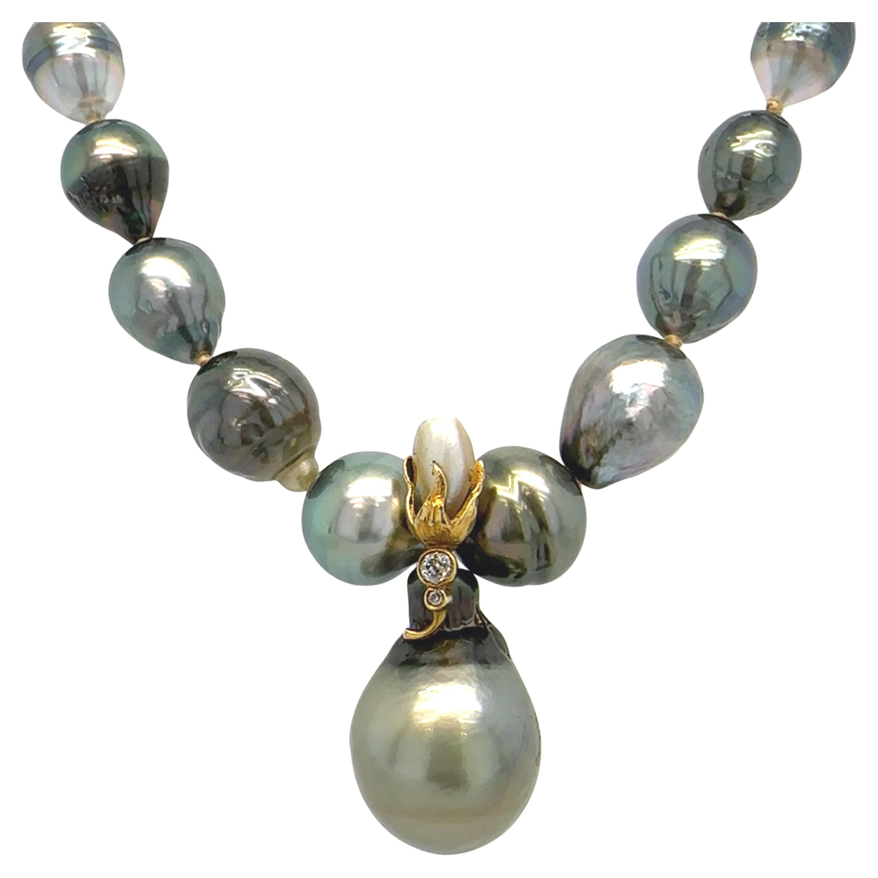 Baroque Tahitian Pearl Necklace with 14K Gold 
Diamond "Rosebud" Centerpiece For Sale