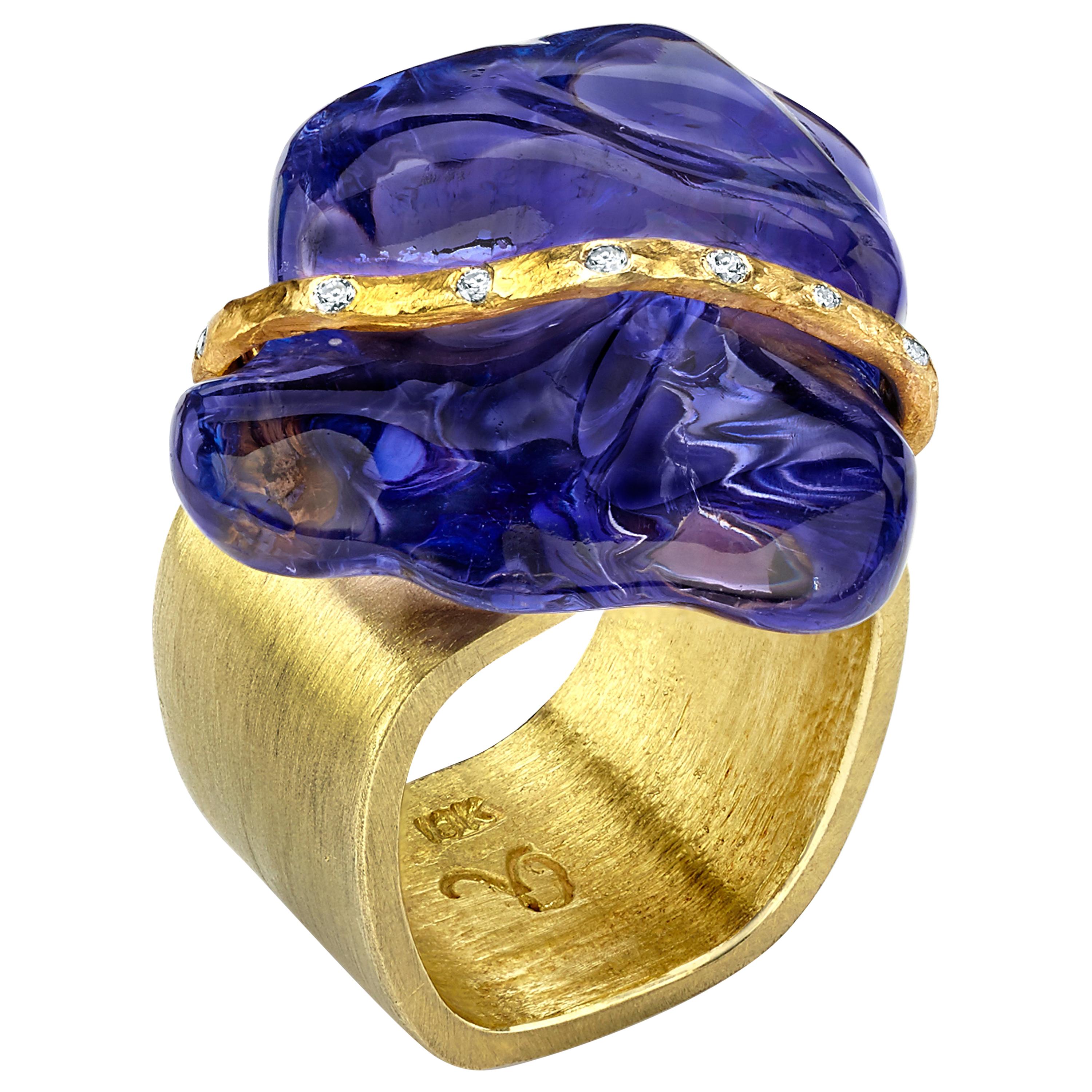 Baroque Tanzanite, Diamond and Gold Cocktail Statement Ring For Sale