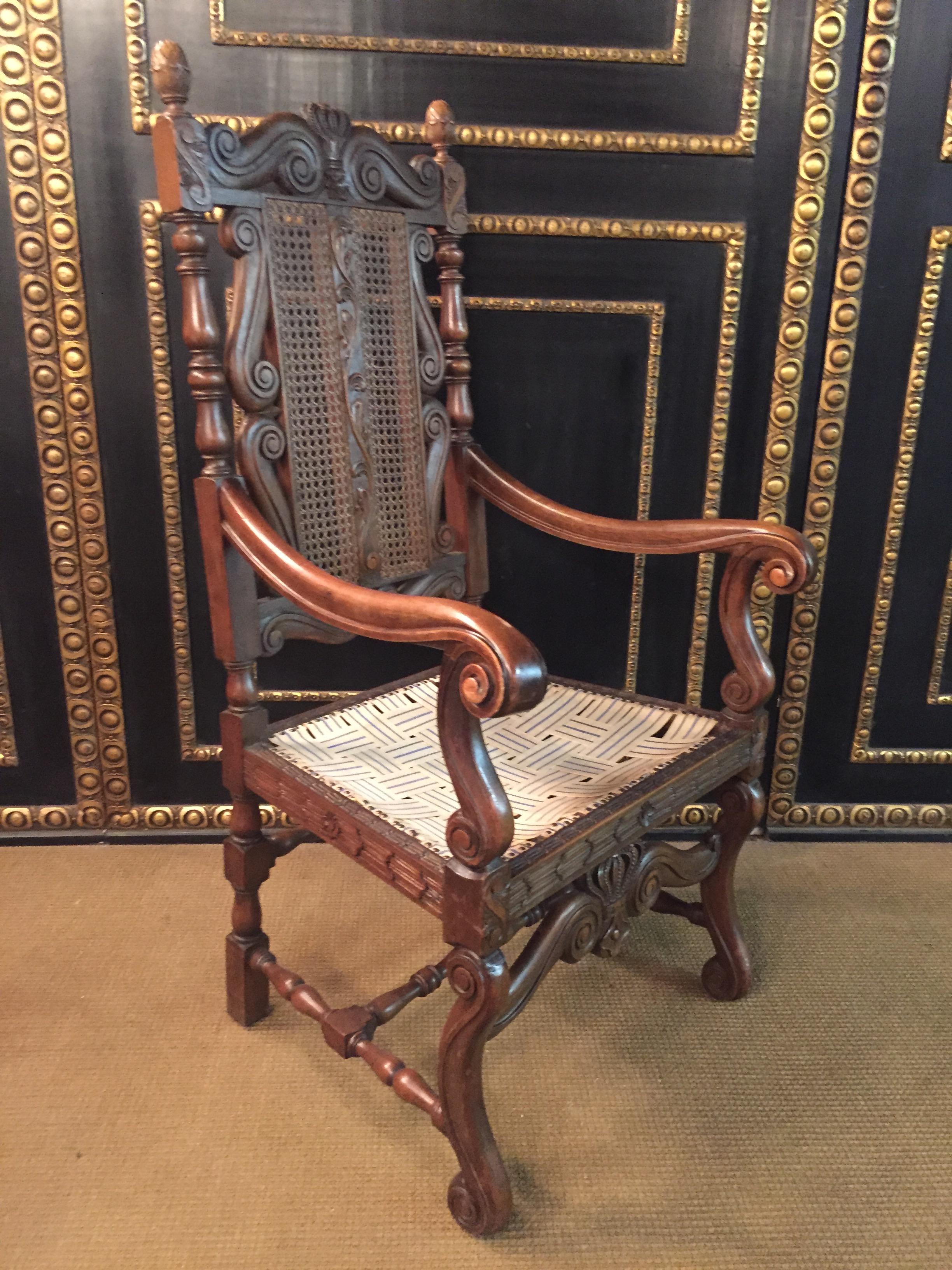 Hand-Carved Antique Baroque Throne Armchair Fully Carved with Crown, circa 1880 Walnut For Sale