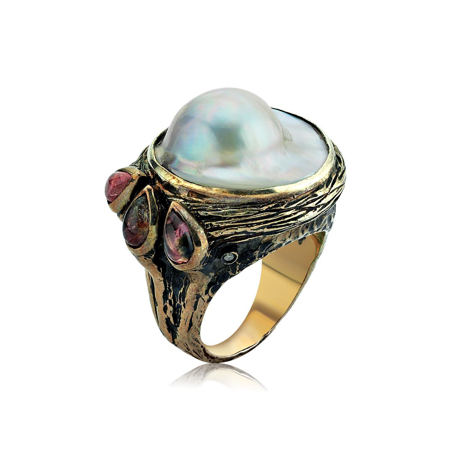 Contemporary  Textured Silver and Gold Ring with  Baroque Pearl, Tourmaline and Ruby For Sale
