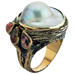  Textured Silver and Gold Ring with  Baroque Pearl, Tourmaline and Ruby