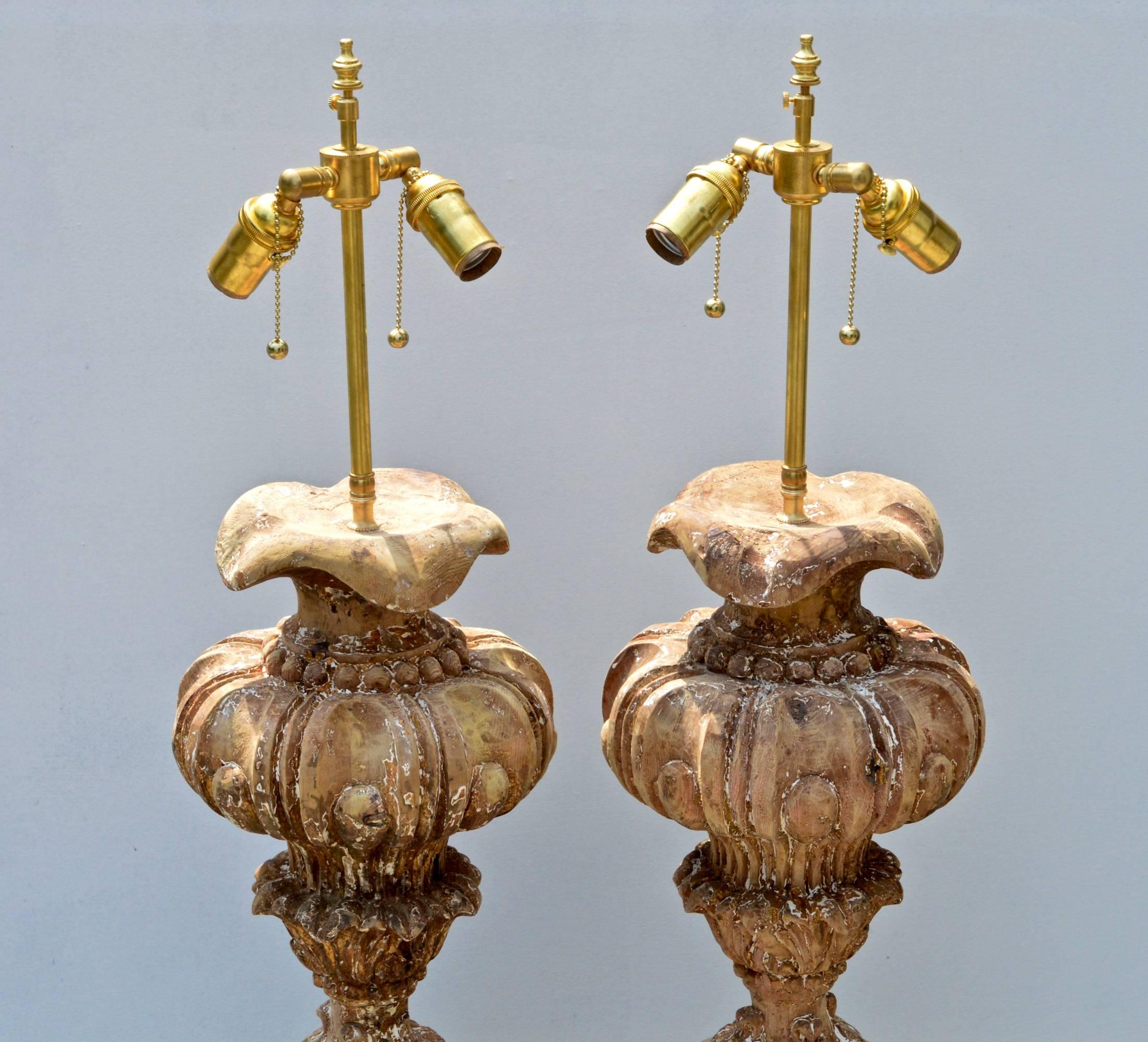 20th Century Baroque Urn Form Lamps of Pine, a Pair