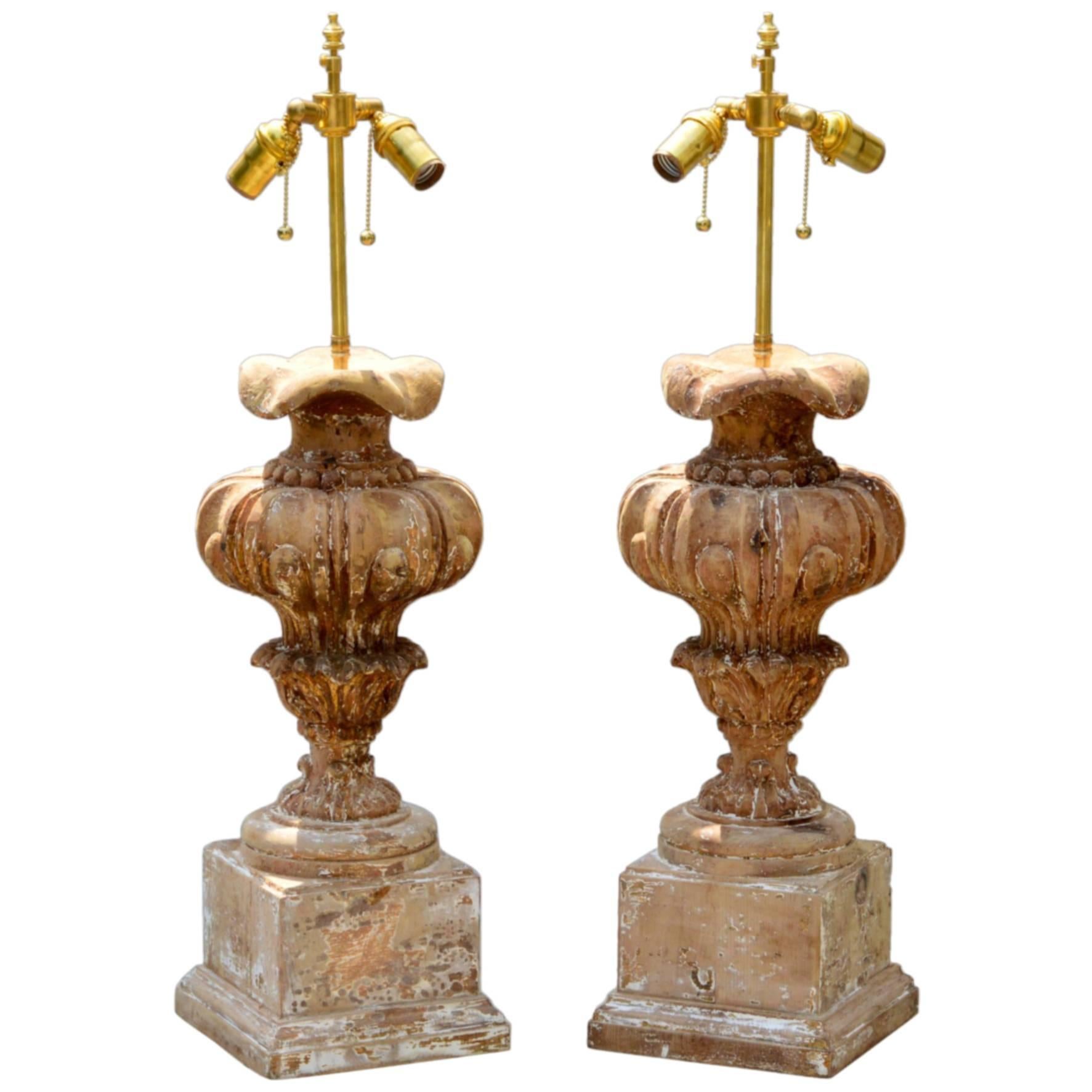 Baroque Urn Form Lamps of Pine, a Pair