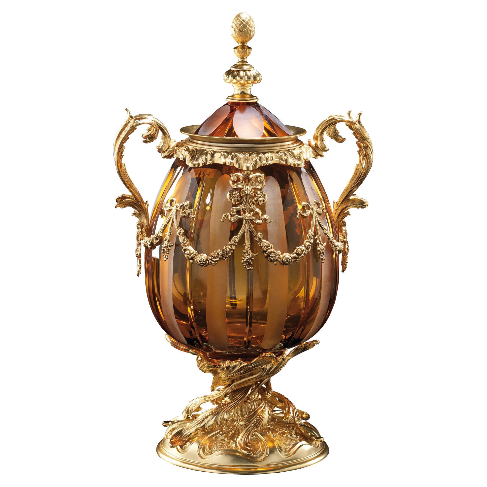 Baroque Urn in Amber Crystal with Gold Leaf Leaves by Modenese Luxury Interiors For Sale