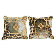 Almohada de terciopelo azul y dorado, estilo barroco veneciano, elaborado trabajo de apliques