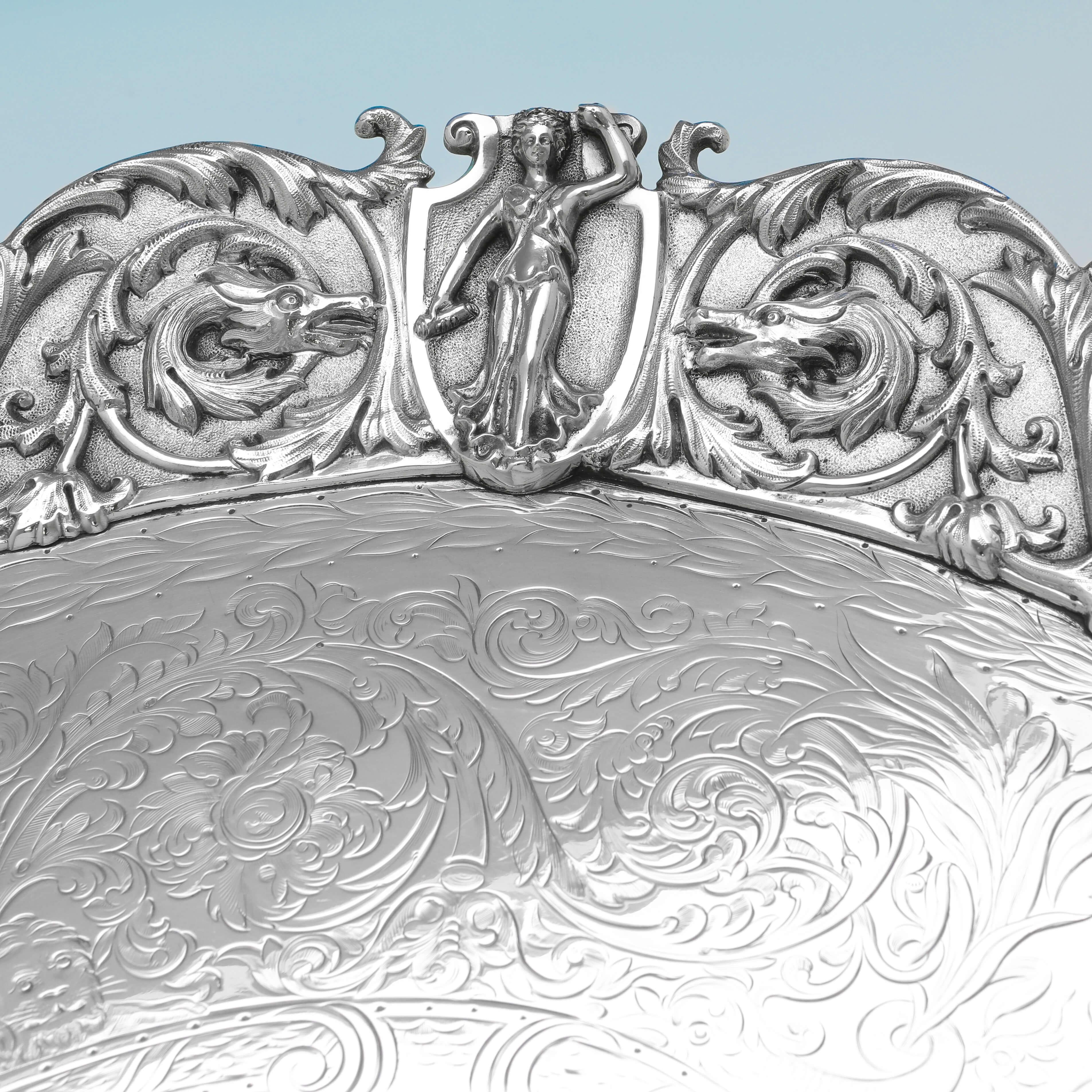Bandeja barroca victoriana antigua de plata de ley, increíble borde fundido, 1871 Barroco en venta